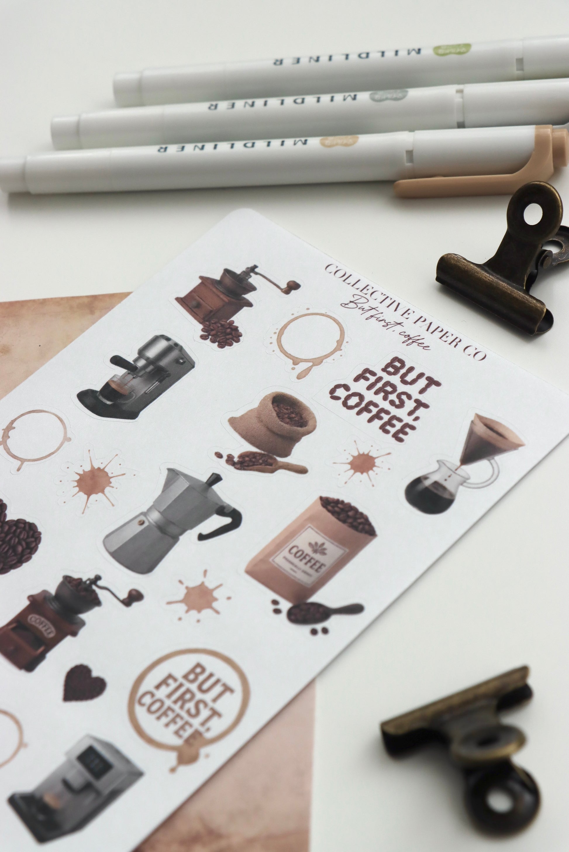 Decorative journaling sheet of kiss-cut vintage and realistic coffee themed stickers on Japanese washi paper