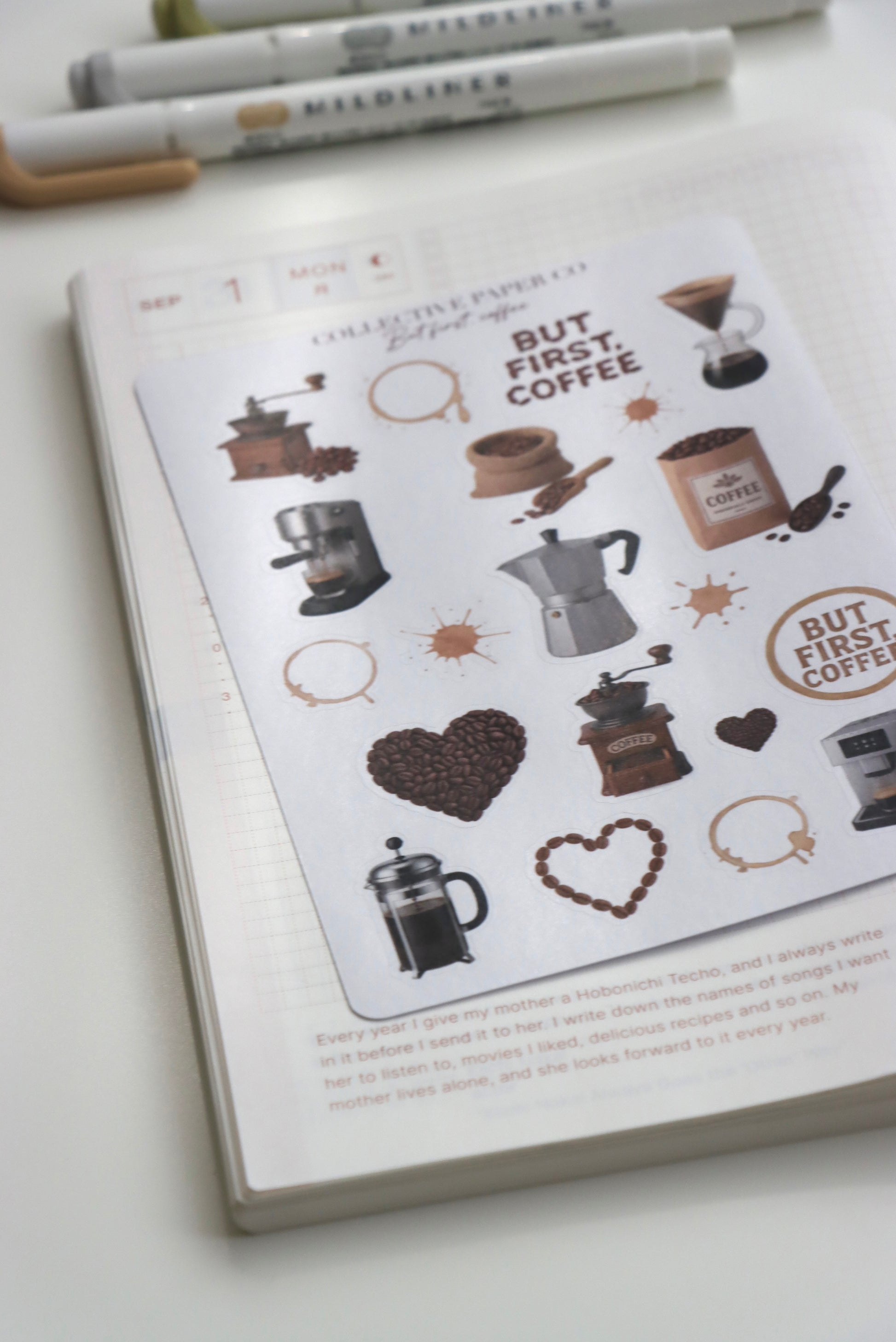 Decorative journaling sheet of kiss-cut vintage and realistic coffee themed stickers on Japanese washi paper