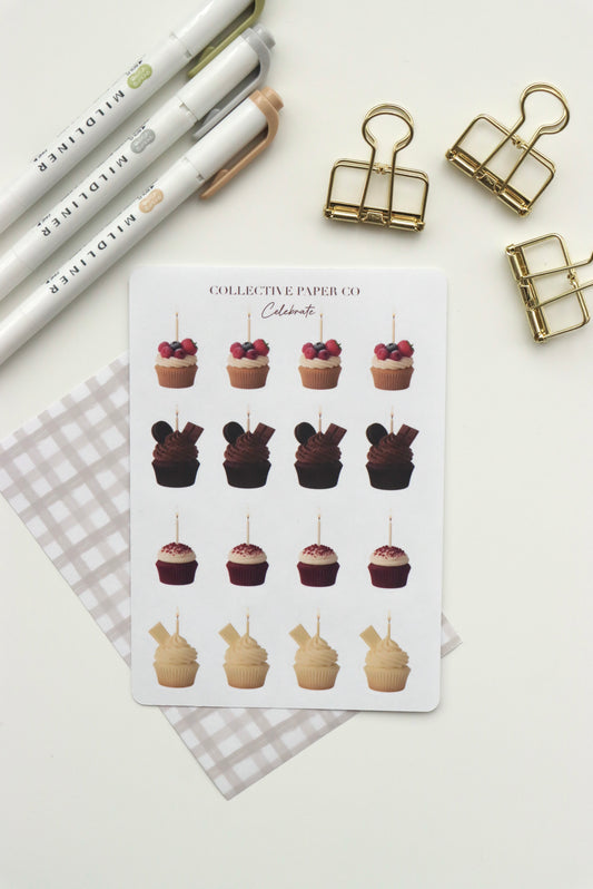 Decorative journaling sheet of kiss-cut vintage and realistic birthday cupcake stickers on Japanese washi paper