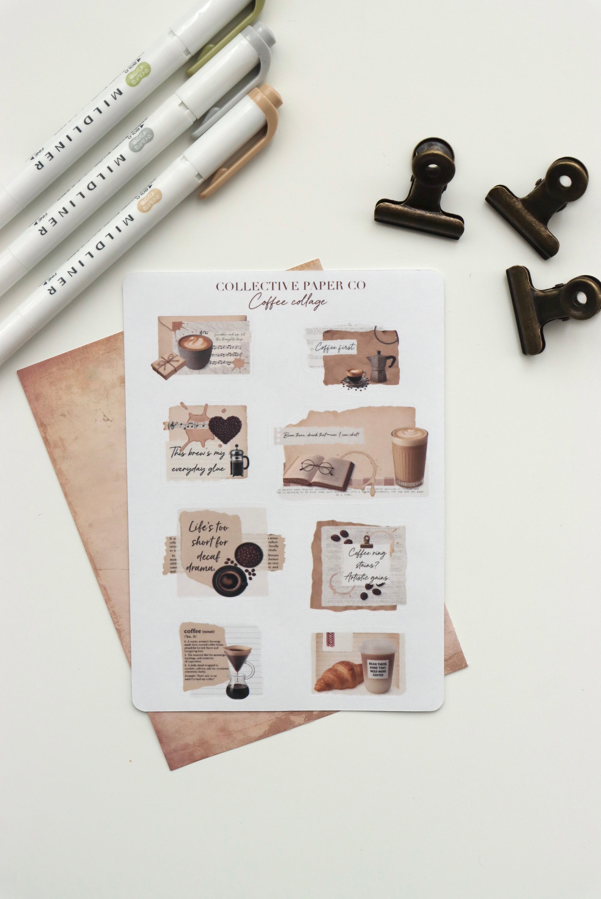 Decorative journaling sheet of kiss-cut vintage and realistic stickers of a coffee collage on Japanese washi paper