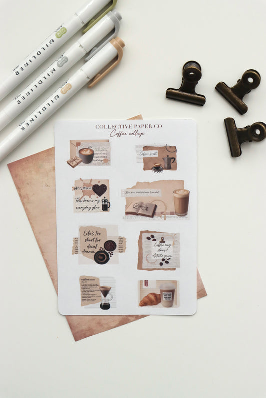 Decorative journaling sheet of kiss-cut vintage and realistic stickers of a coffee collage on Japanese washi paper
