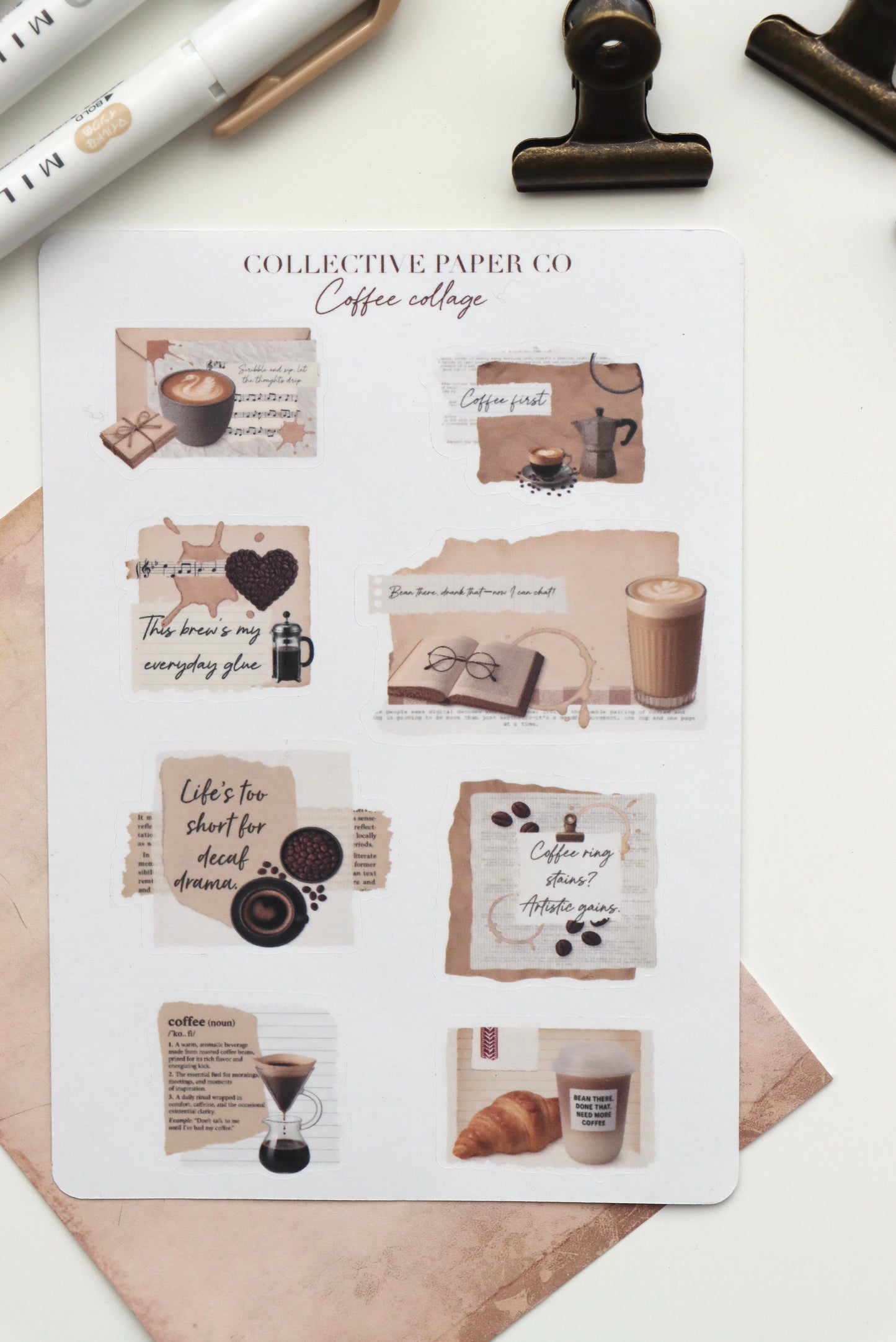 Decorative journaling sheet of kiss-cut vintage and realistic stickers of a coffee collage on Japanese washi paper