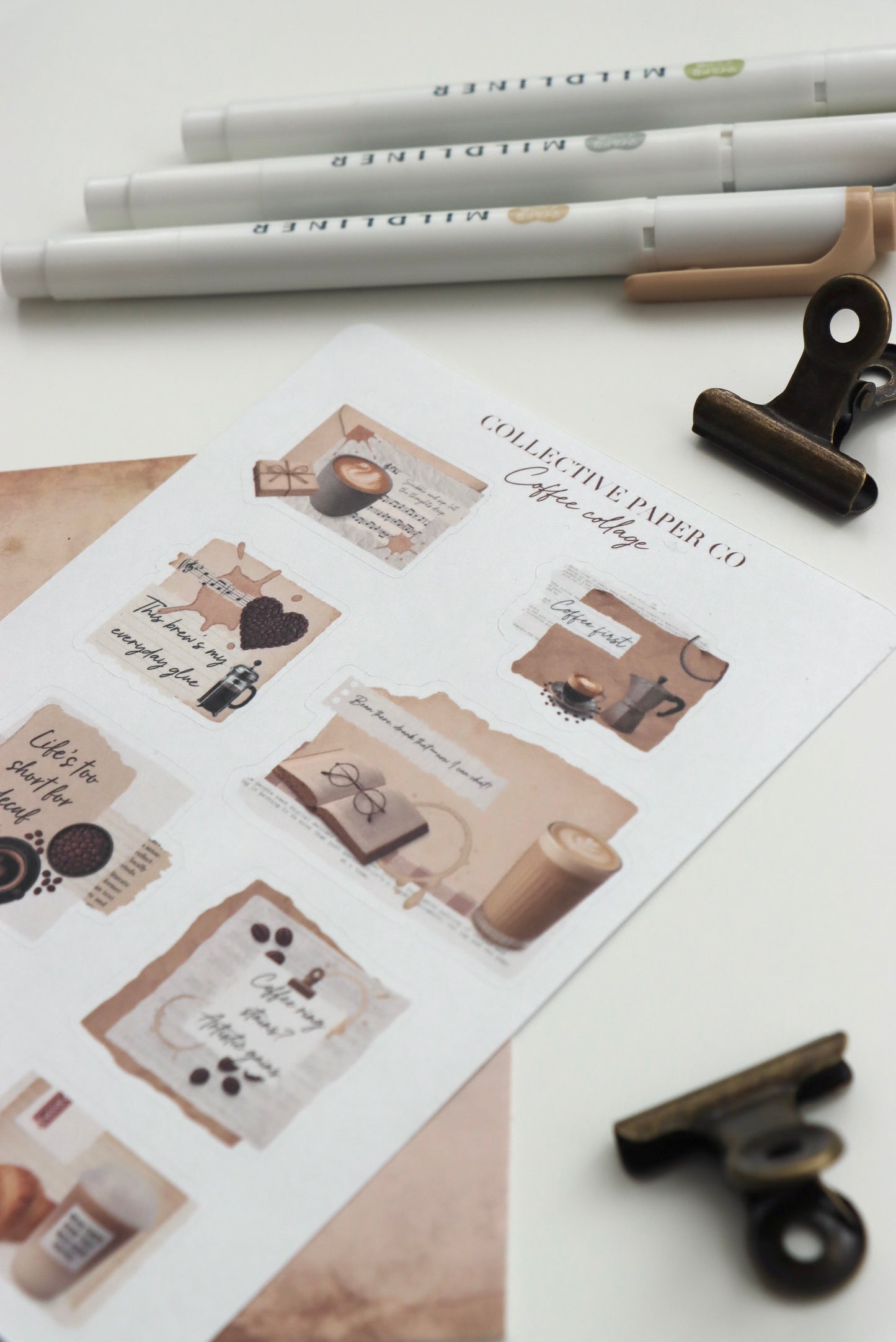 Decorative journaling sheet of kiss-cut vintage and realistic stickers of a coffee collage on Japanese washi paper