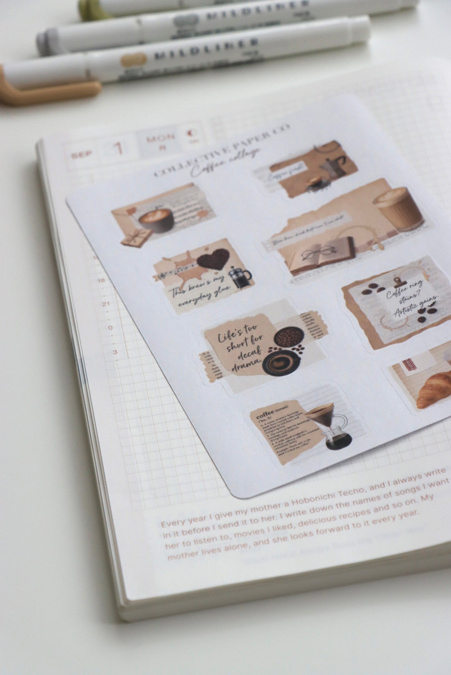 Decorative journaling sheet of kiss-cut vintage and realistic stickers of a coffee collage on Japanese washi paper