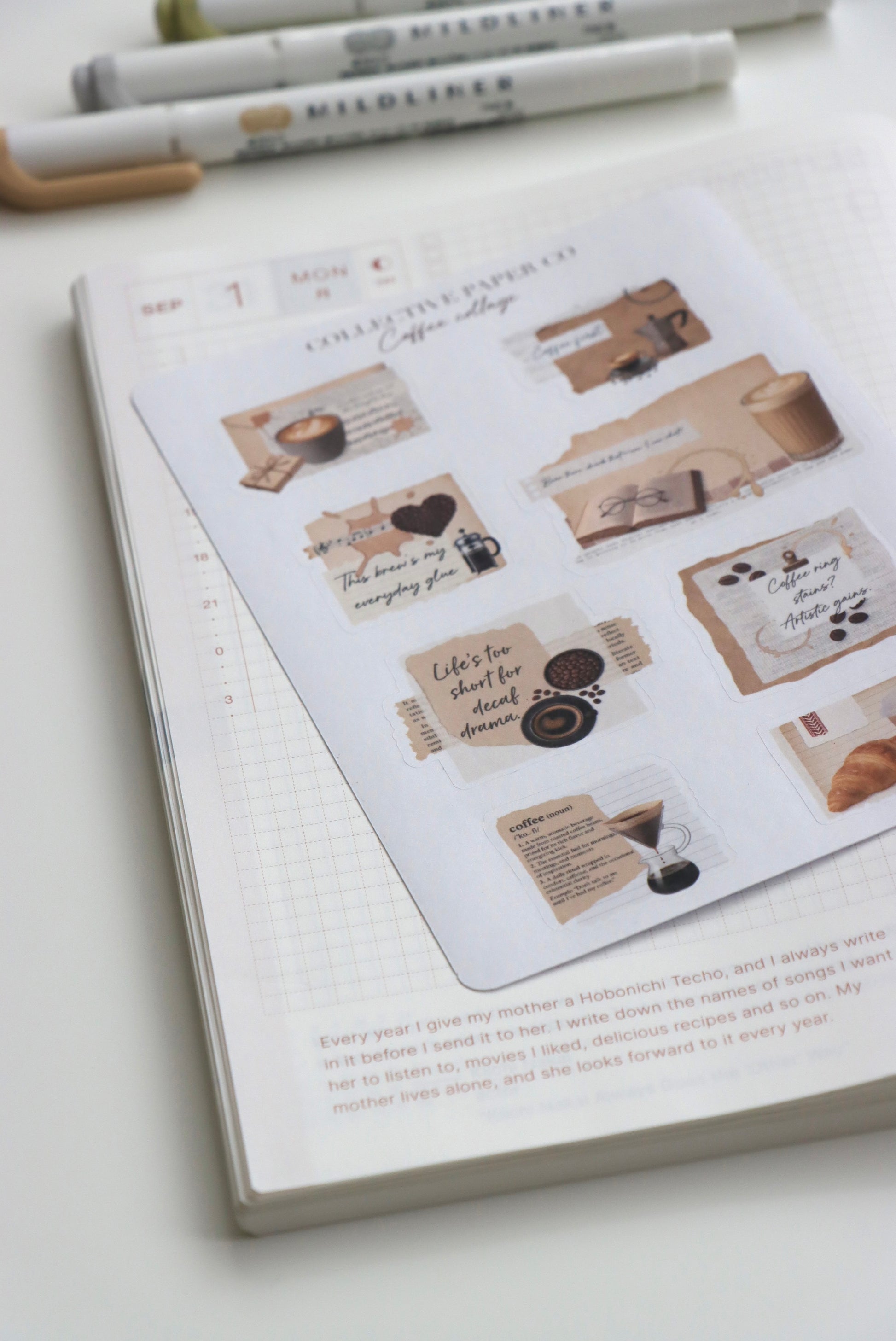 Decorative journaling sheet of kiss-cut vintage and realistic stickers of a coffee collage on Japanese washi paper