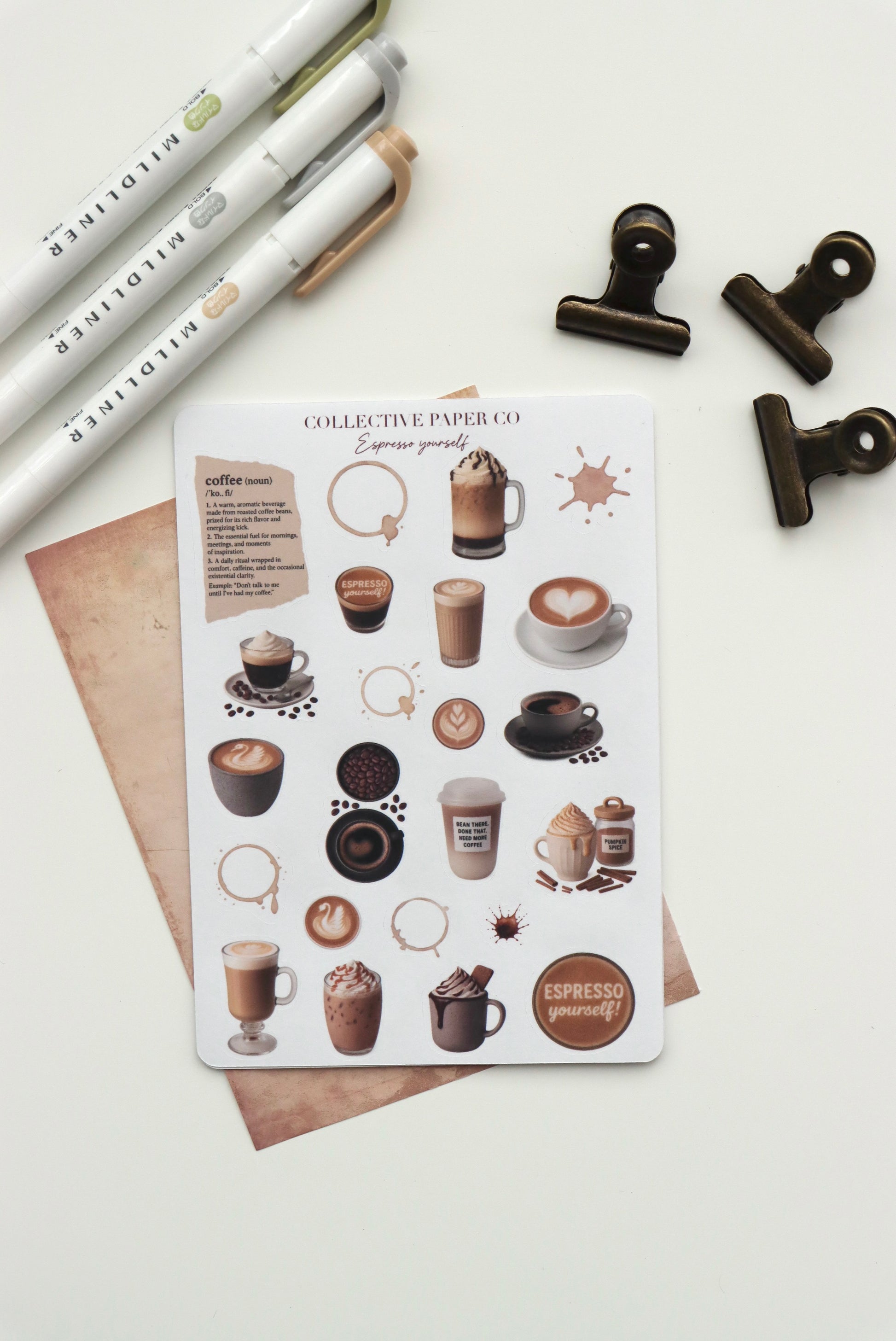 Decorative journaling sheet of kiss-cut vintage and realistic stickers for coffee lovers on Japanese washi paper