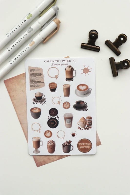 Decorative journaling sheet of kiss-cut vintage and realistic stickers for coffee lovers on Japanese washi paper