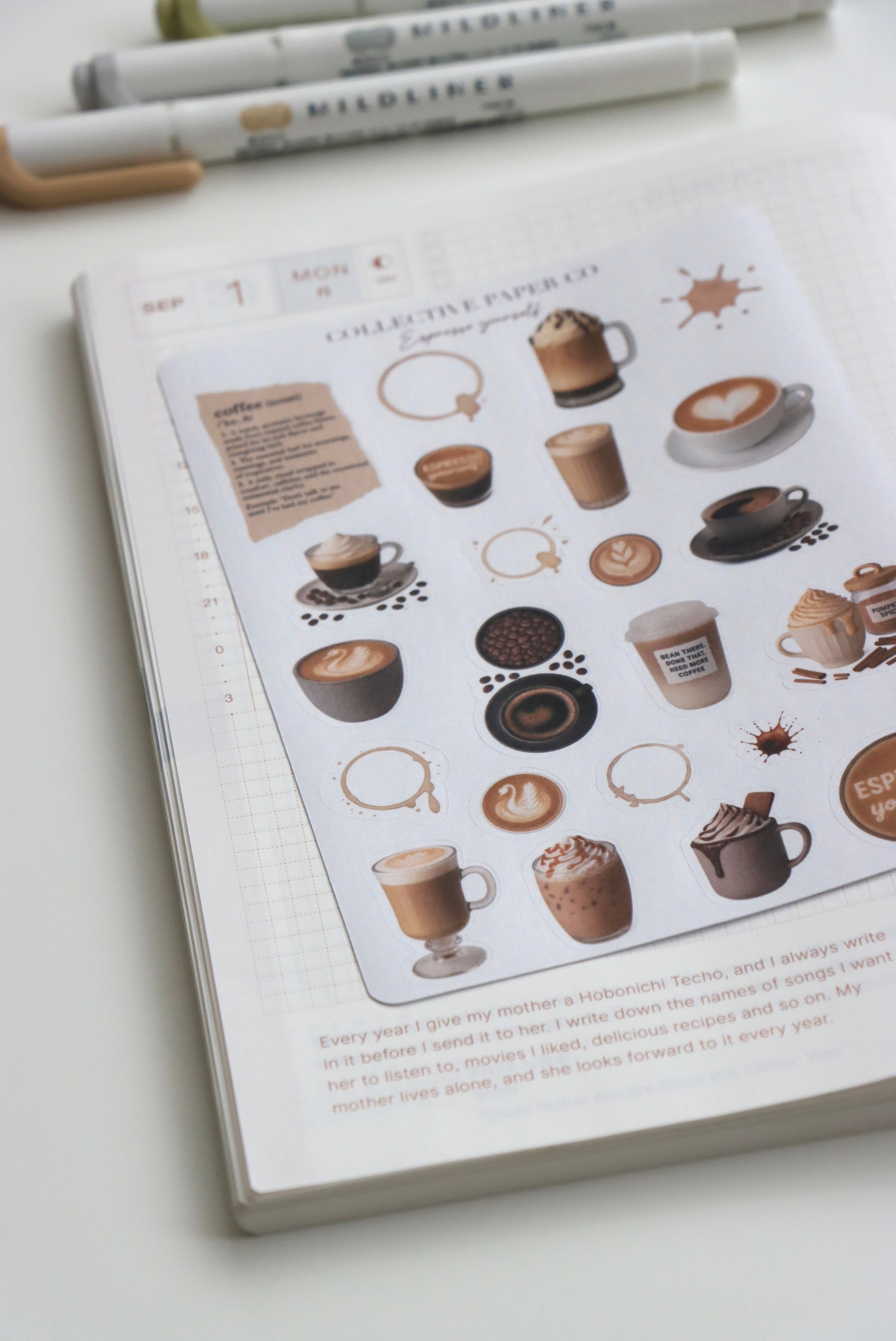 Decorative journaling sheet of kiss-cut vintage and realistic stickers for coffee lovers on Japanese washi paper