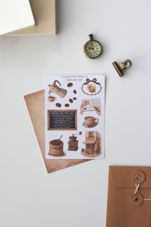 Decorative journaling sheet of kiss-cut  vintage watercolour  illustrations of coffee shop items on Japanese washi paper