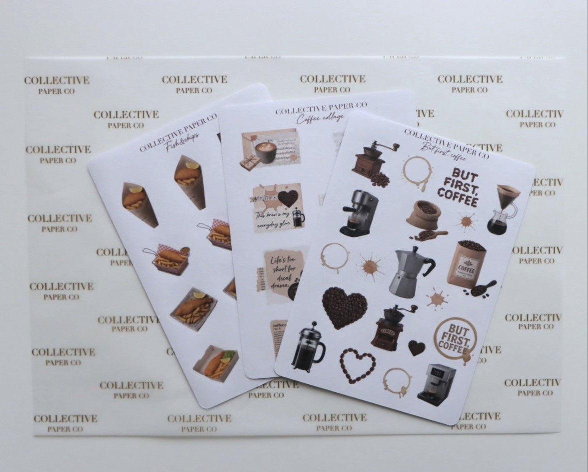 Collective Paper Co sticker sheets being prepared to be wrapped in branded packaging