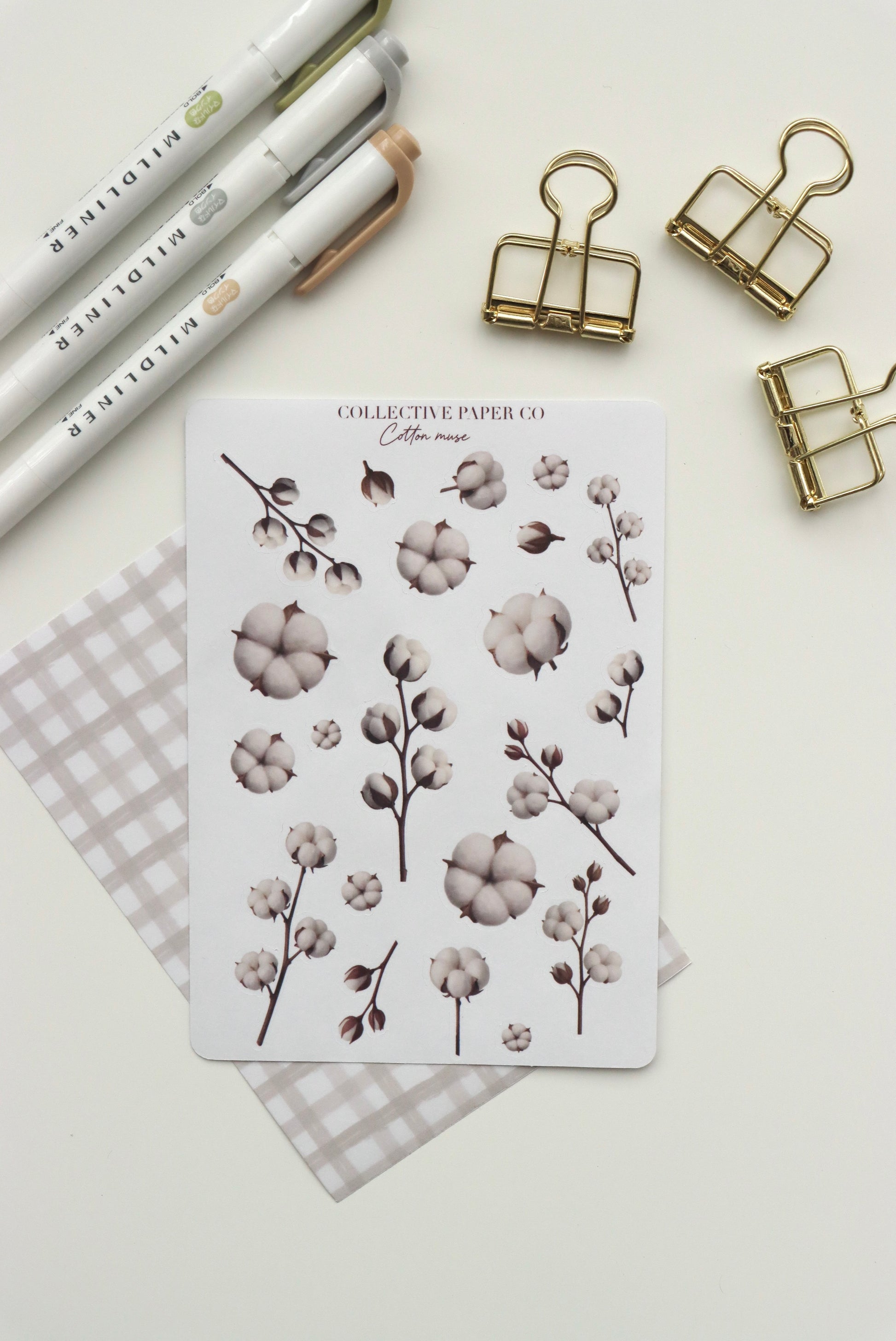 Decorative journaling sheet of kiss-cut vintage and realistic stickers of Cotton muse on Japanese washi paper