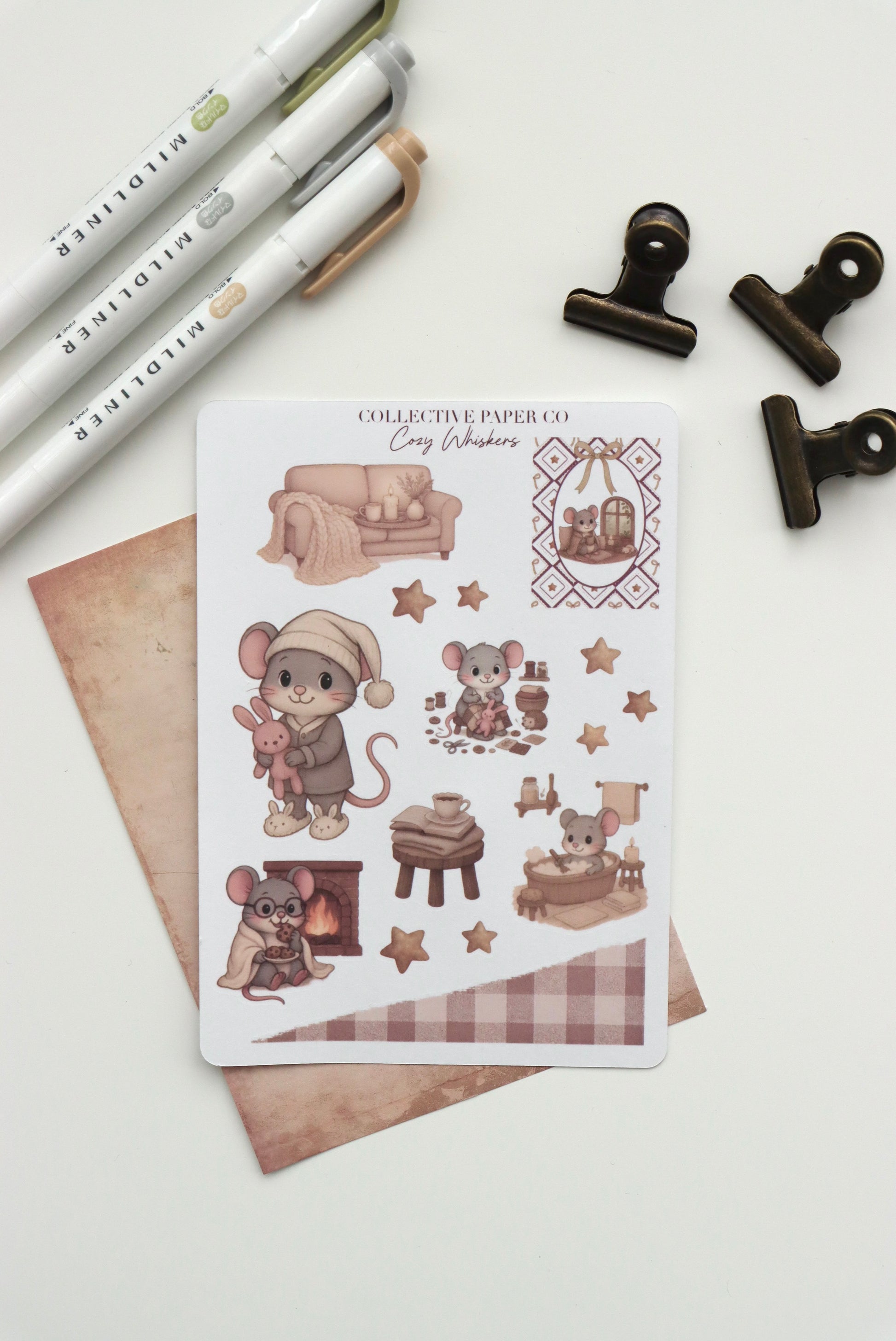 Decorative journaling sheet of kiss-cut stickers of cozy cosy Whiskers on Japanese washi paper