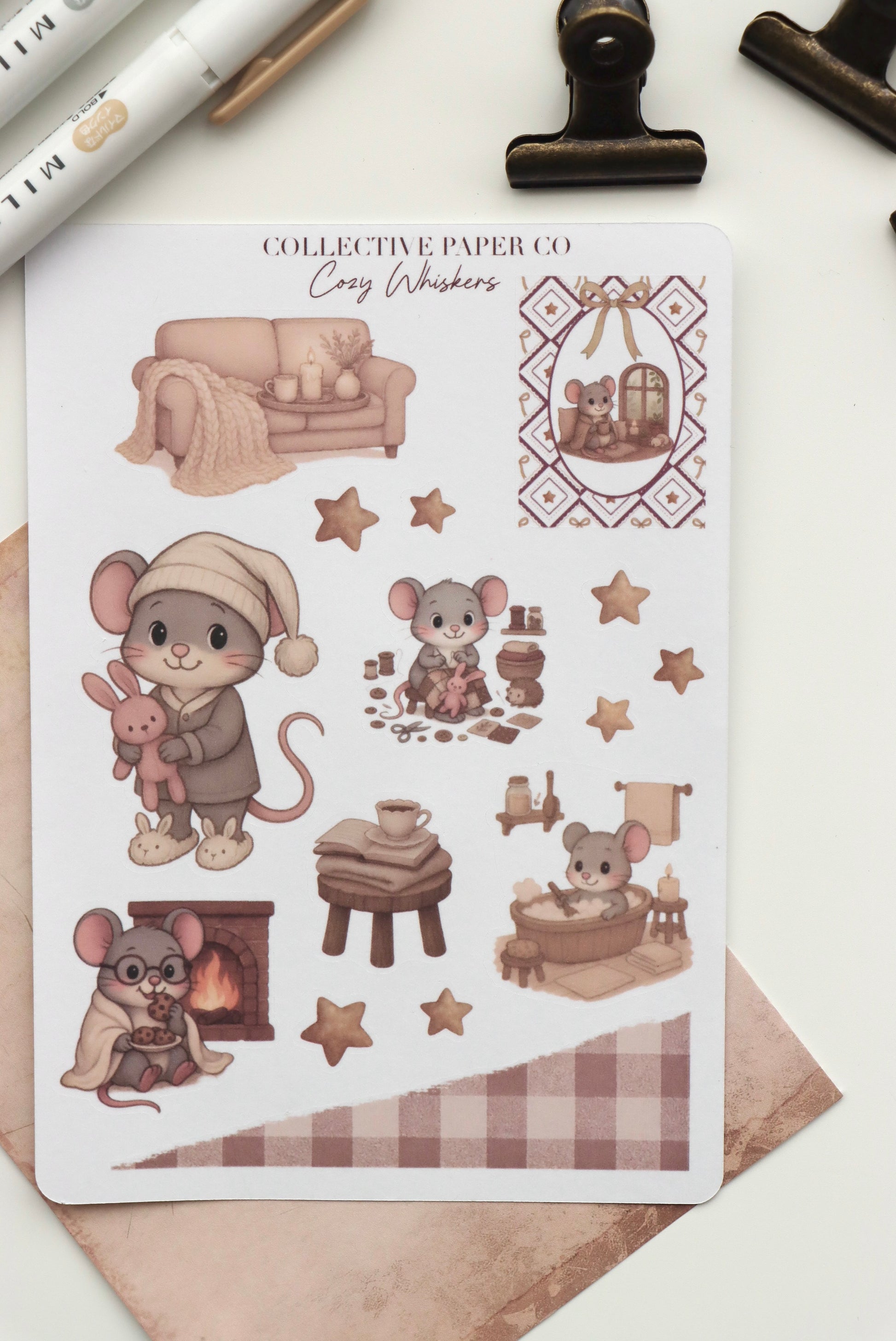 Decorative journaling sheet of kiss-cut stickers of cozy cosy Whiskers on Japanese washi paper