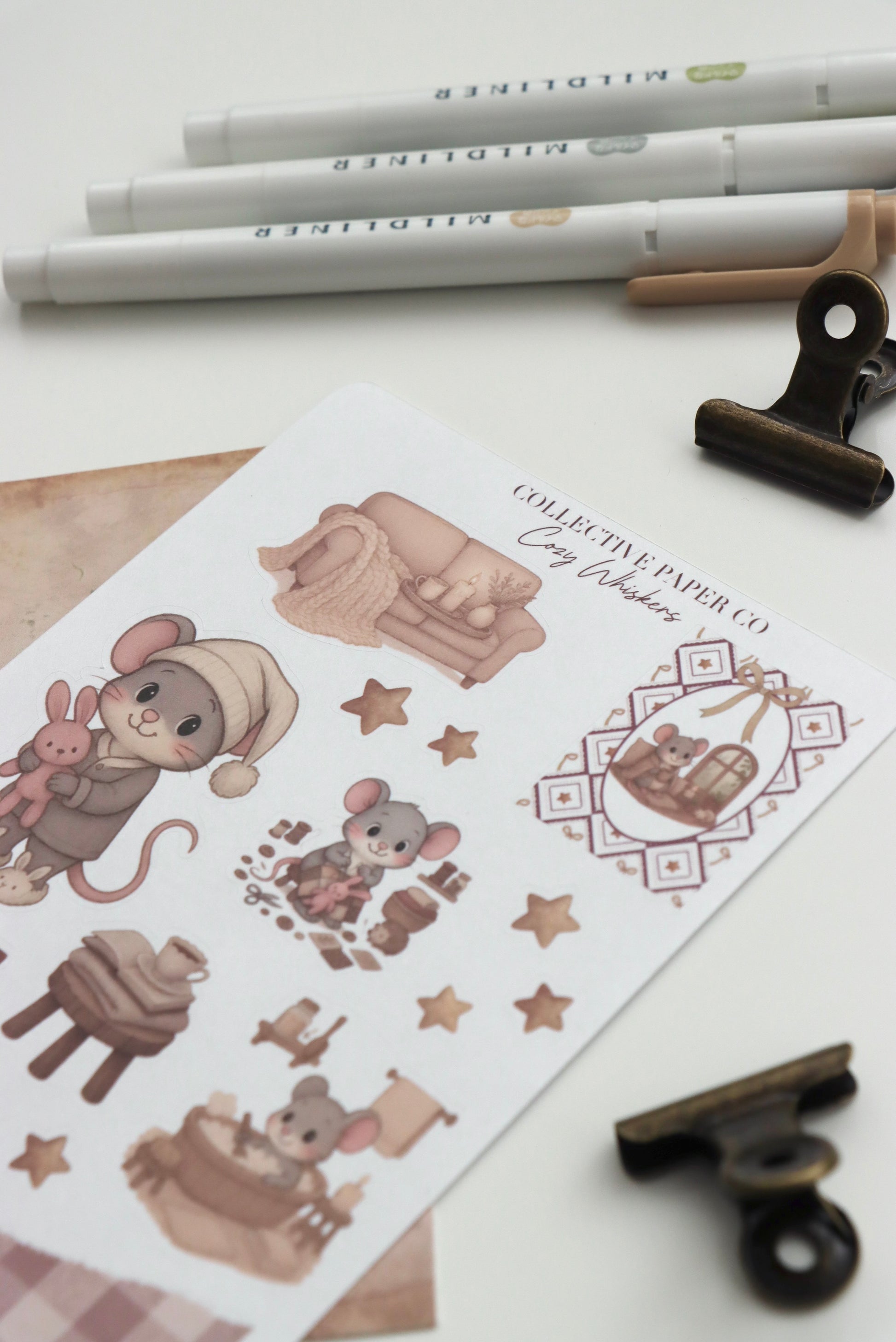 Decorative journaling sheet of kiss-cut stickers of cozy cosy Whiskers on Japanese washi paper