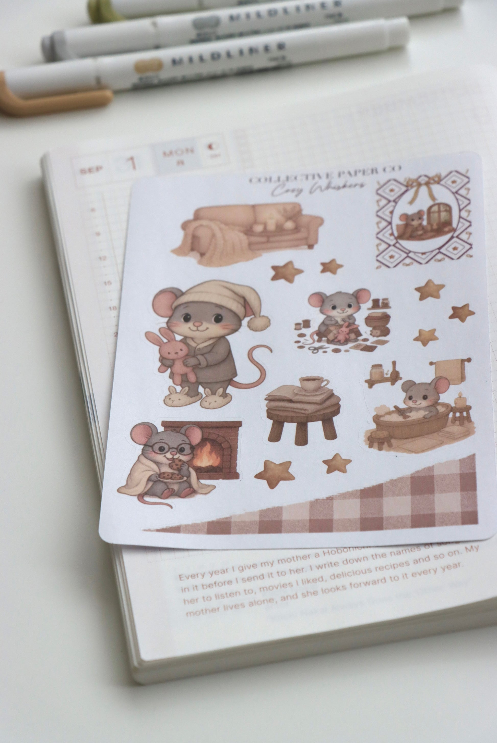 Decorative journaling sheet of kiss-cut stickers of cozy cosy Whiskers on Japanese washi paper
