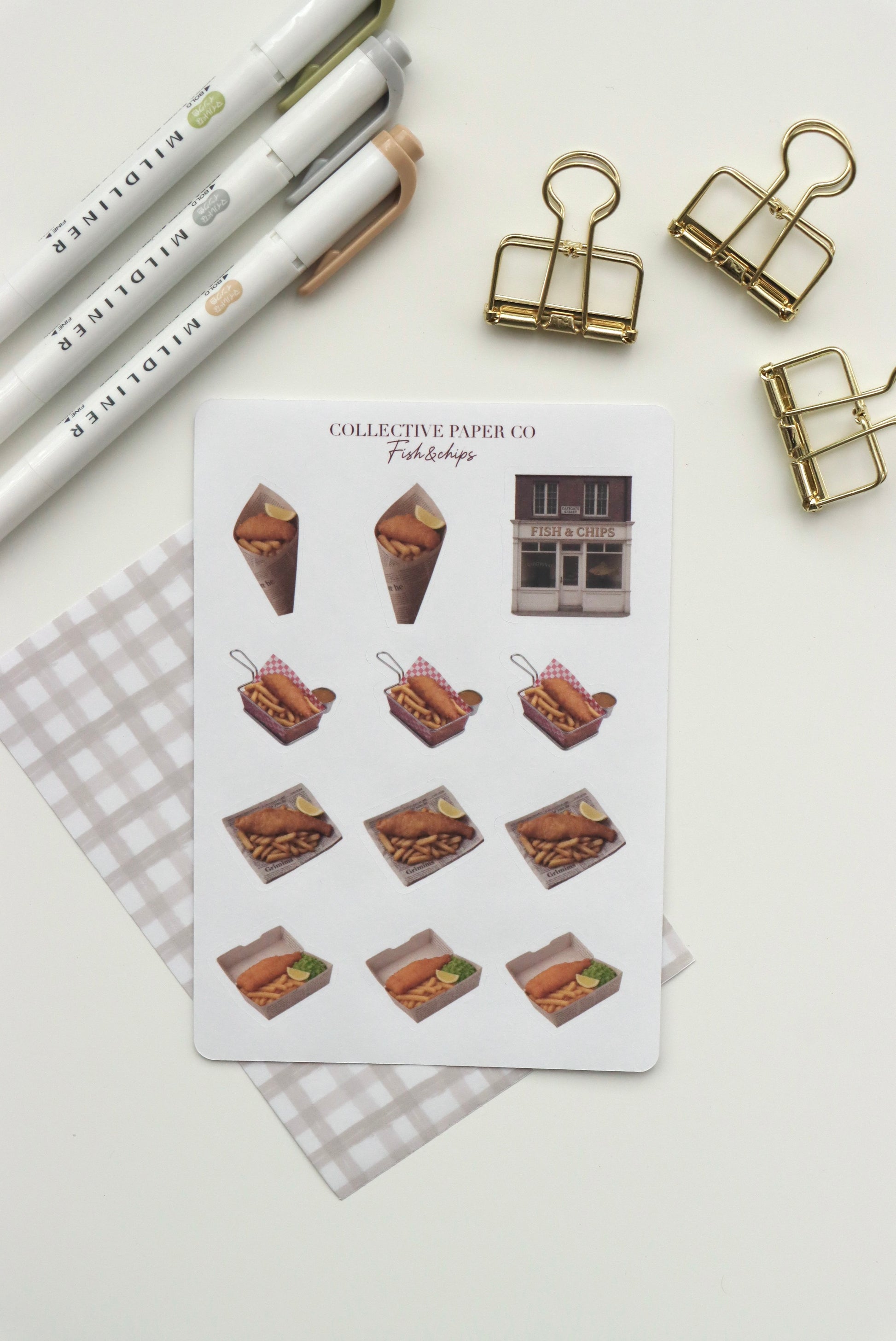 Sheet of fish and chips stickers on Japanese washi paper