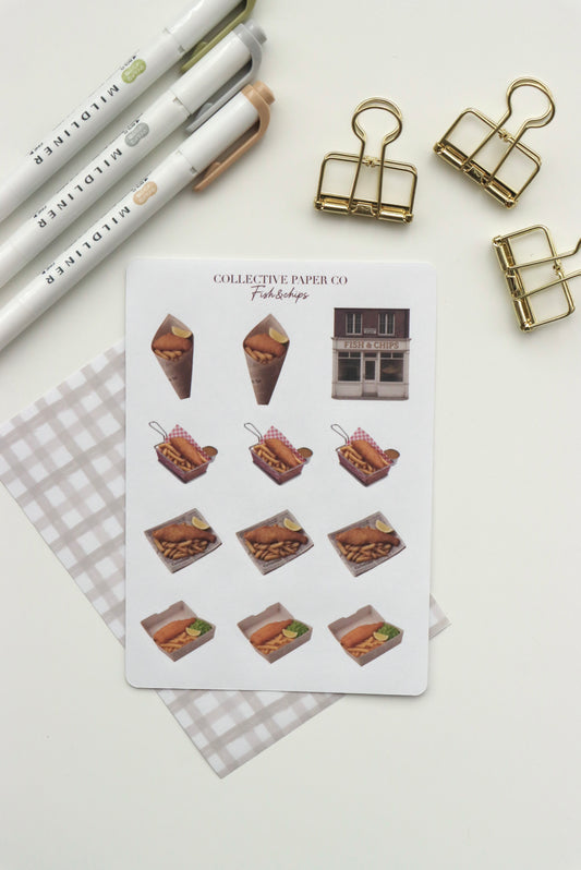 Sheet of fish and chips stickers on Japanese washi paper