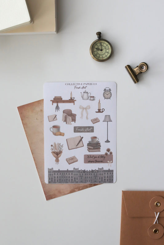 Decorative journaling sheet of kiss-cut  vintage watercolour cozy home illustrations of journaling-planner stickers on Japanese washi paper