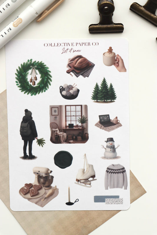 Decorative journaling sheet of kiss-cut vintage and realistic seasonal stickers of Let it snow in winter on Japanese washi paper