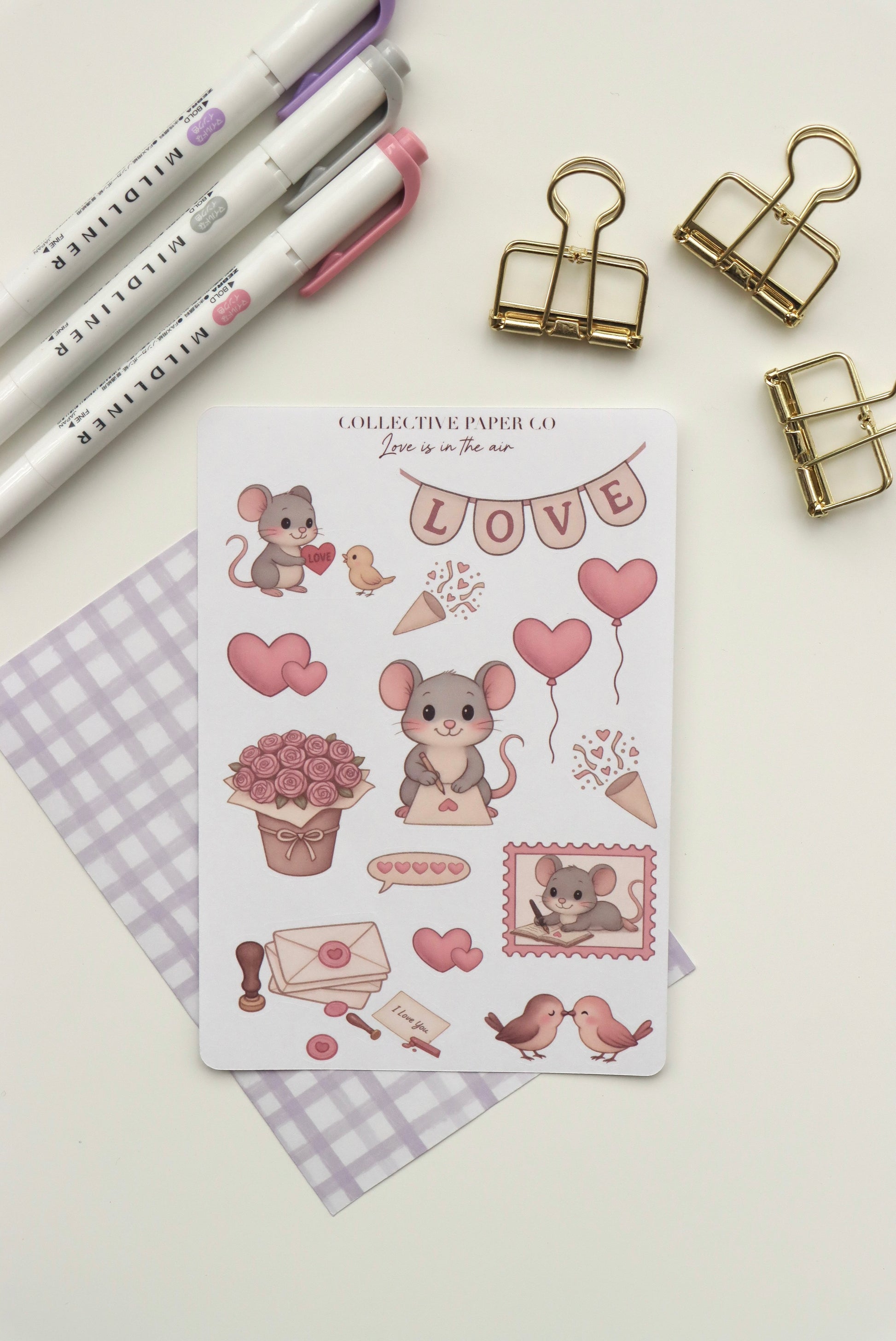 Decorative journaling sheet of kiss-cut stickers of Love is in the air Whiskers on Japanese washi paper