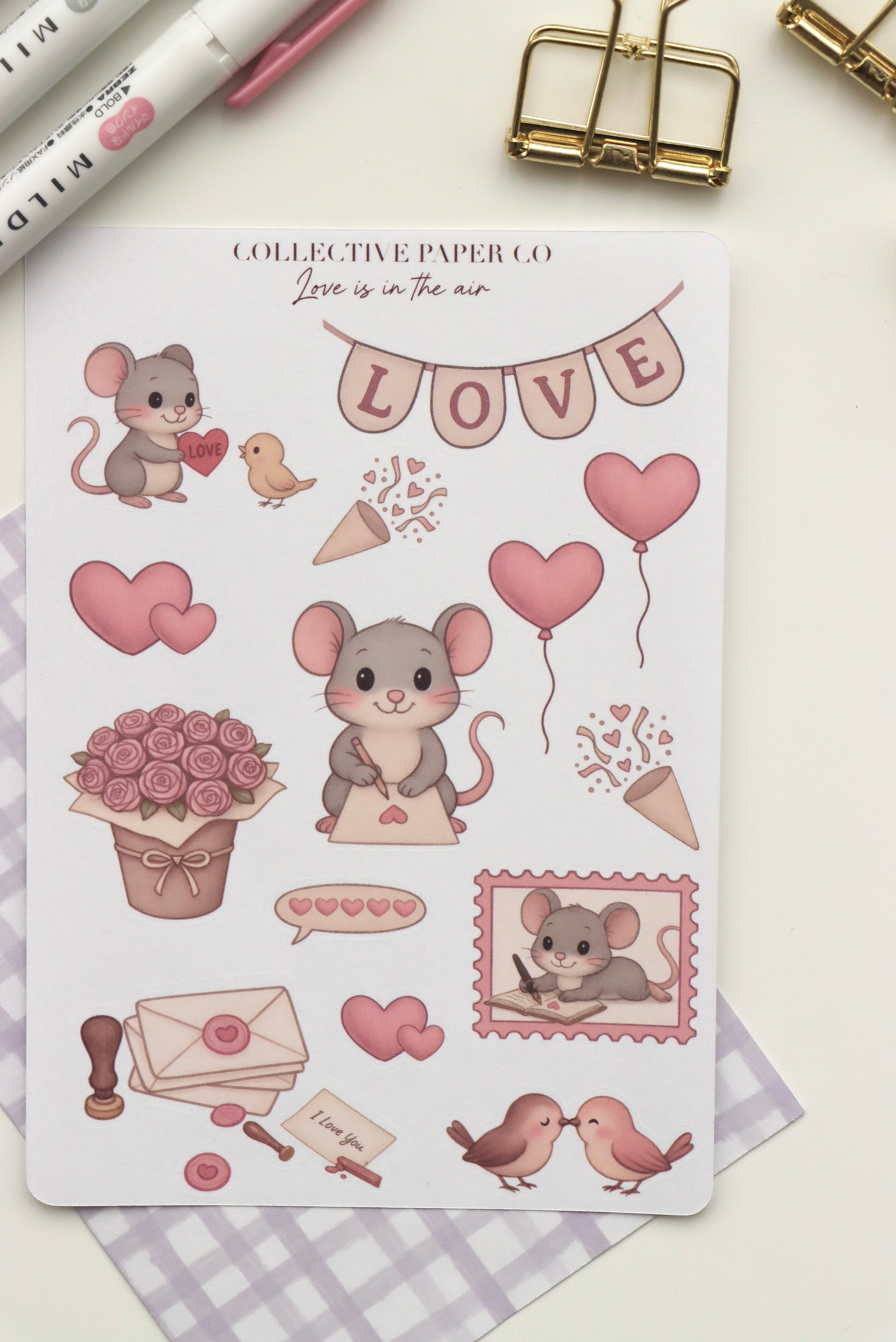 Decorative journaling sheet of kiss-cut stickers of Love is in the air Whiskers on Japanese washi paper