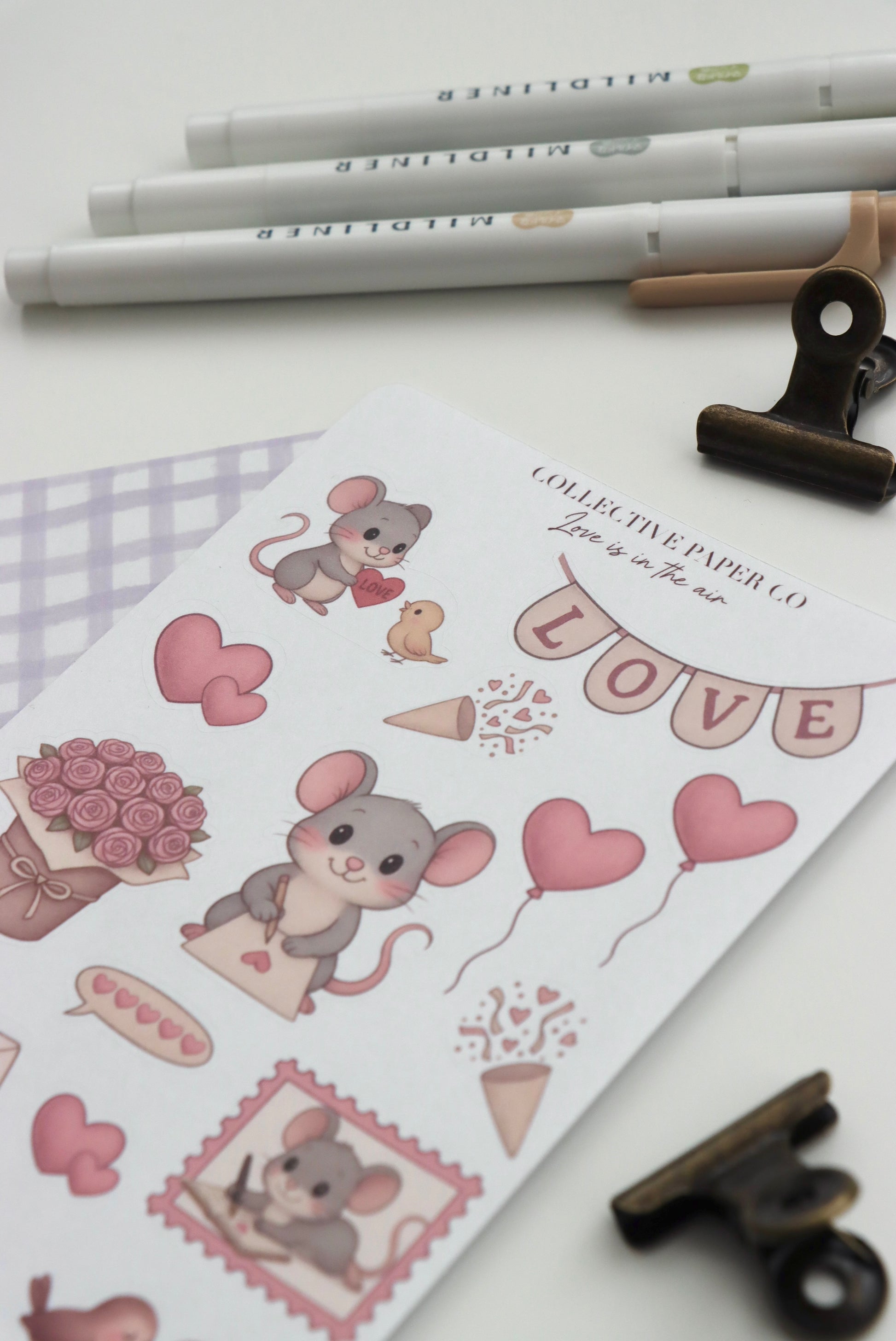 Decorative journaling sheet of kiss-cut stickers of Love is in the air Whiskers on Japanese washi paper