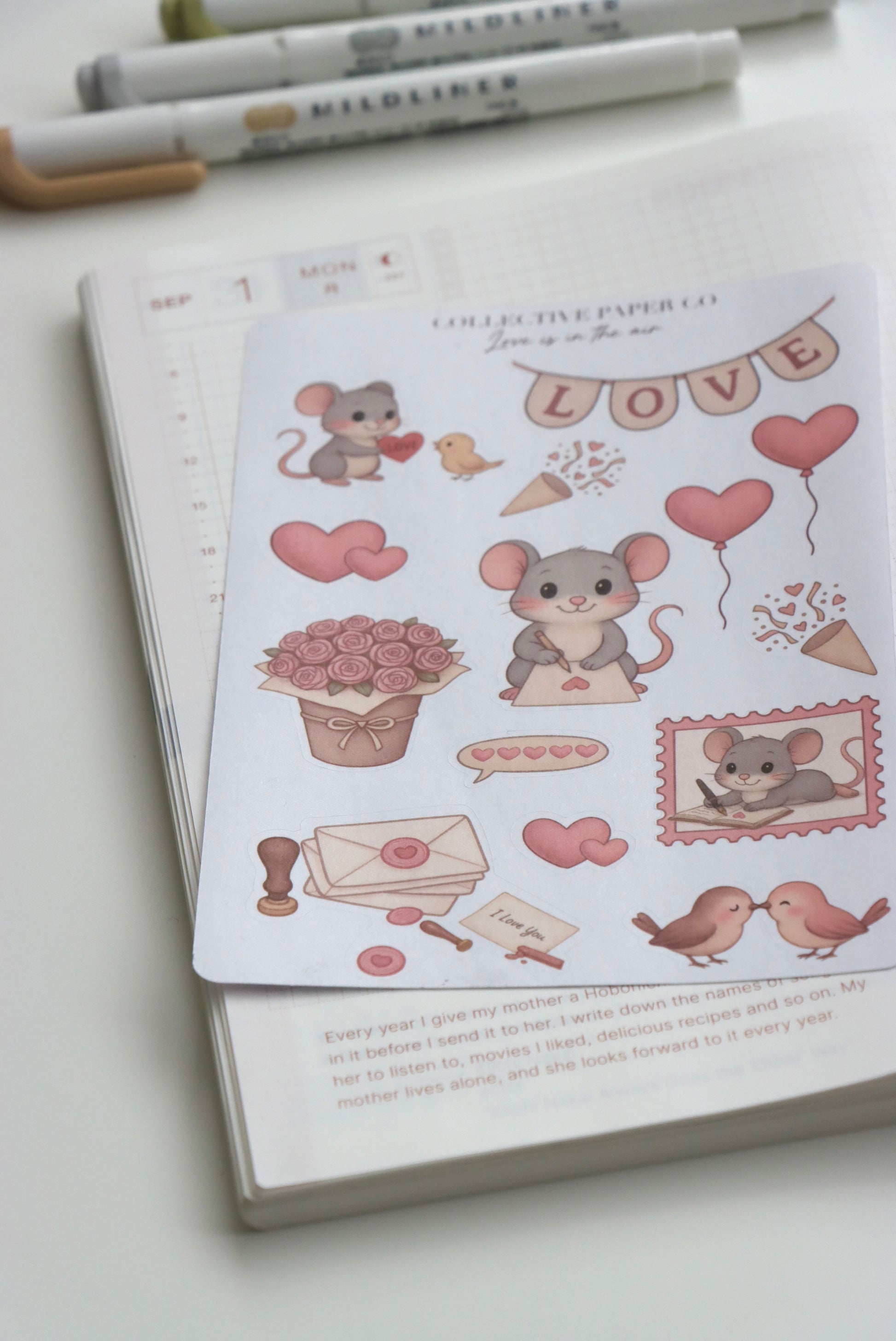 Decorative journaling sheet of kiss-cut stickers of Love is in the air Whiskers on Japanese washi paper