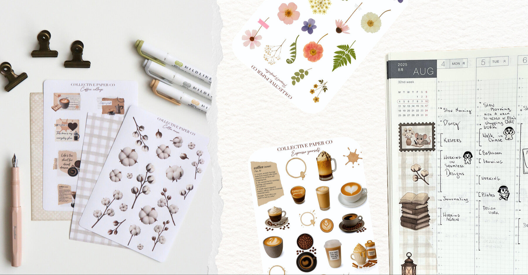 Main banner of Collective Paper Co showing examples of washi sticker sheet designs, and journaling accessories