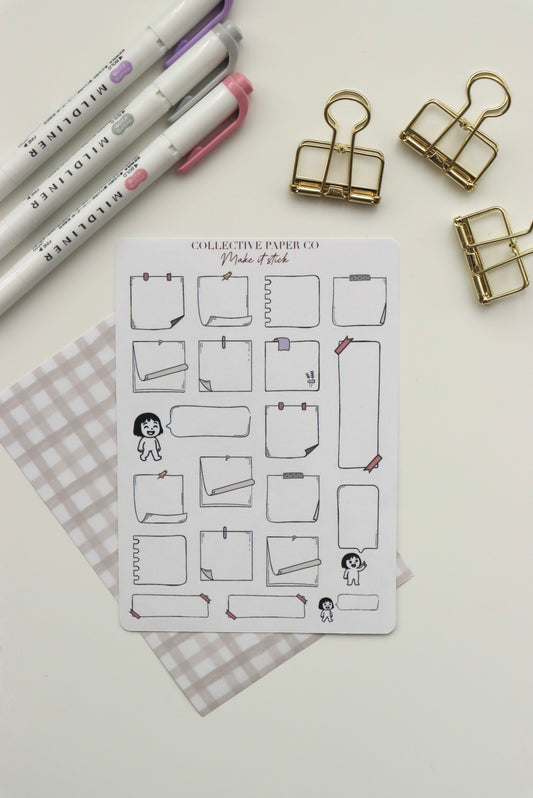 Decorative journaling sheet of kiss-cut vintage and realistic stickers of Make it stick notes and speech bubbles on Japanese washi paper