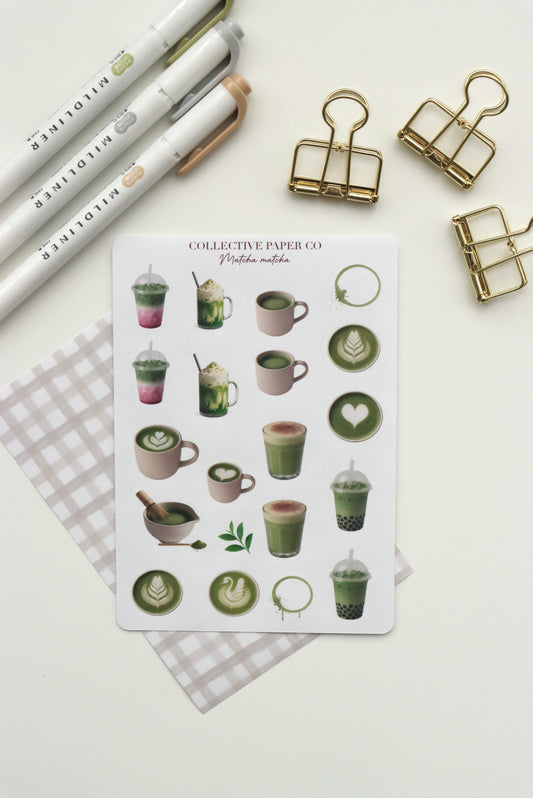 Decorative journaling sheet of kiss-cut vintage and realistic matcha stickers on Japanese washi paper