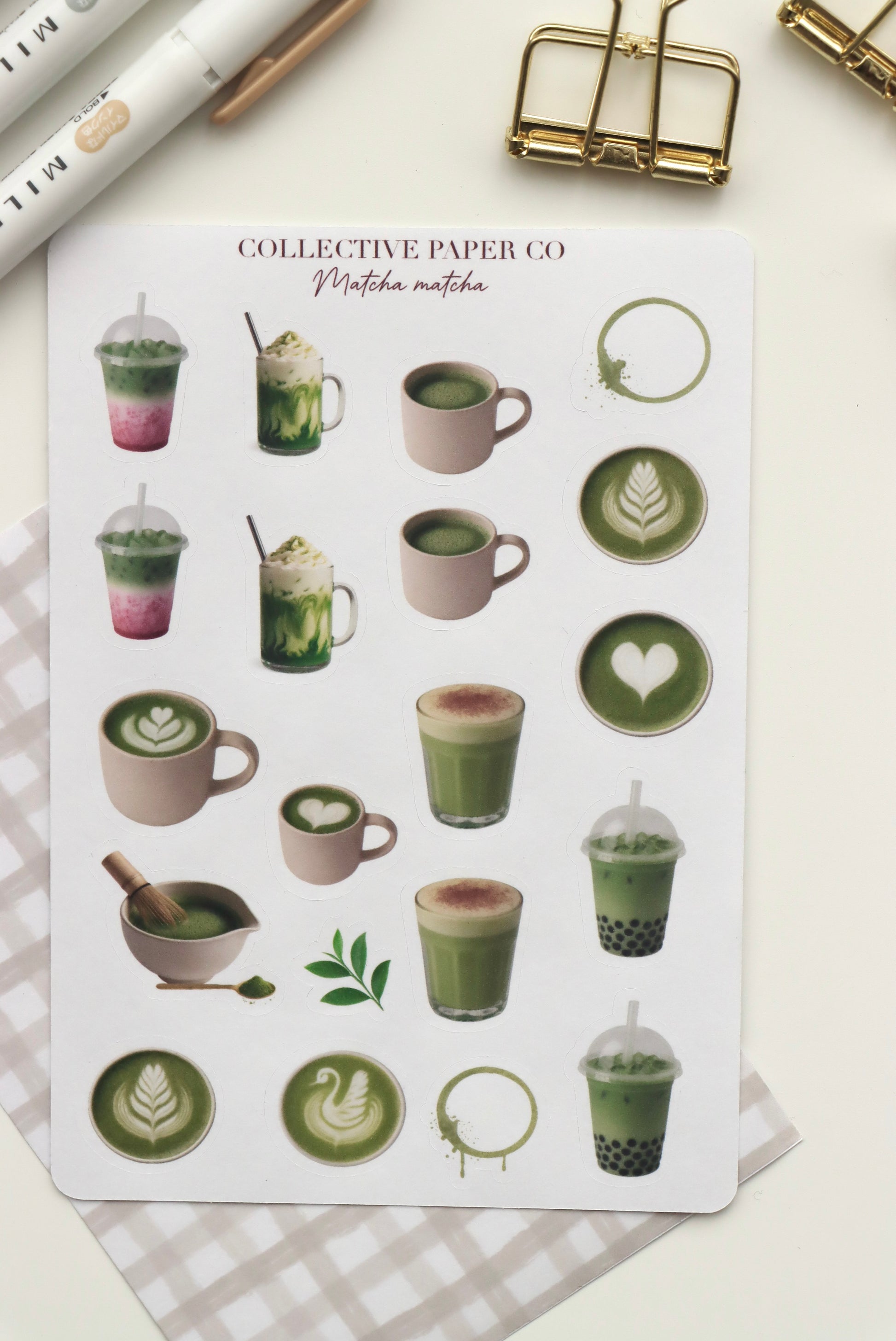 Decorative journaling sheet of kiss-cut vintage and realistic matcha stickers on Japanese washi paper