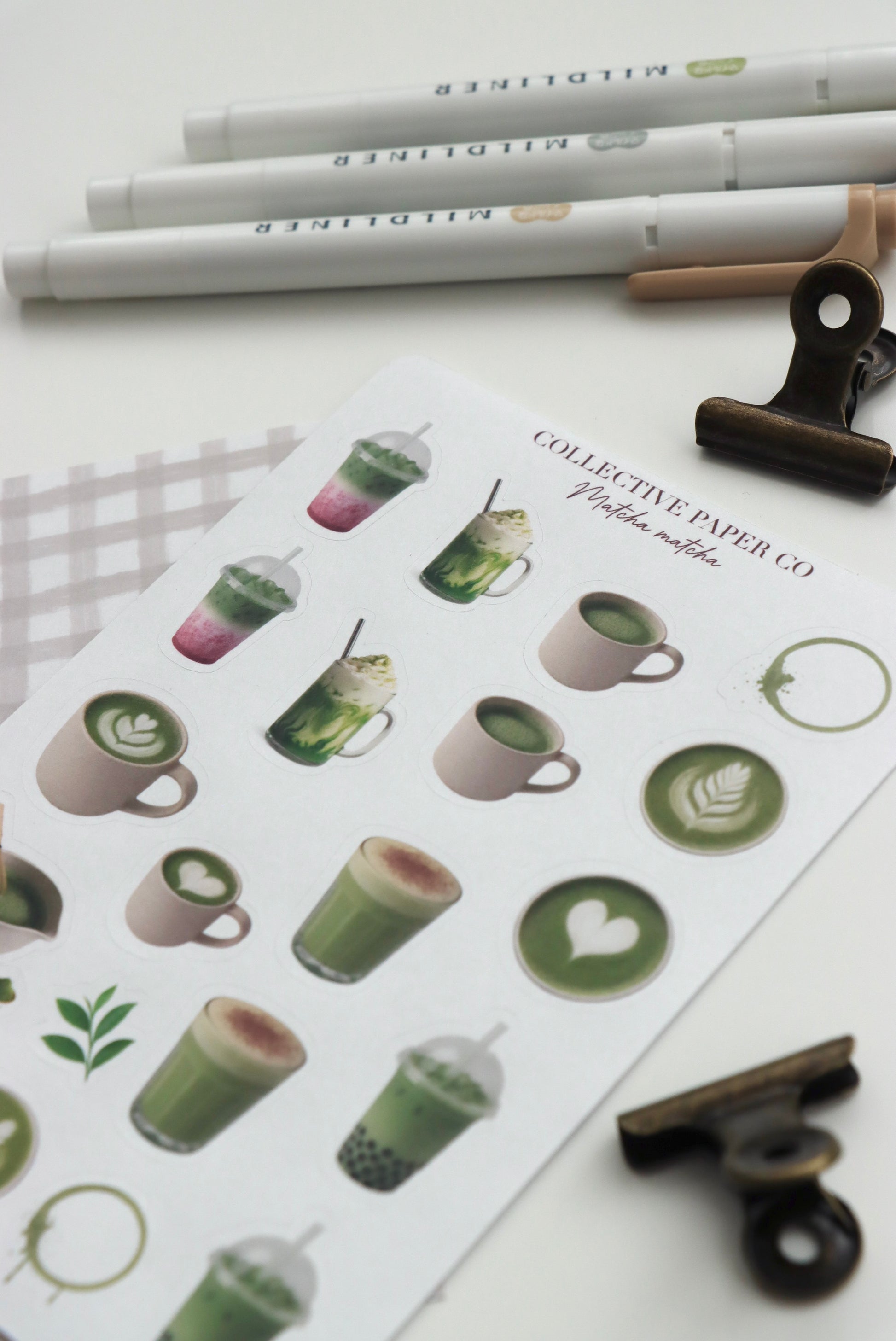 Decorative journaling sheet of kiss-cut vintage and realistic matcha stickers on Japanese washi paper