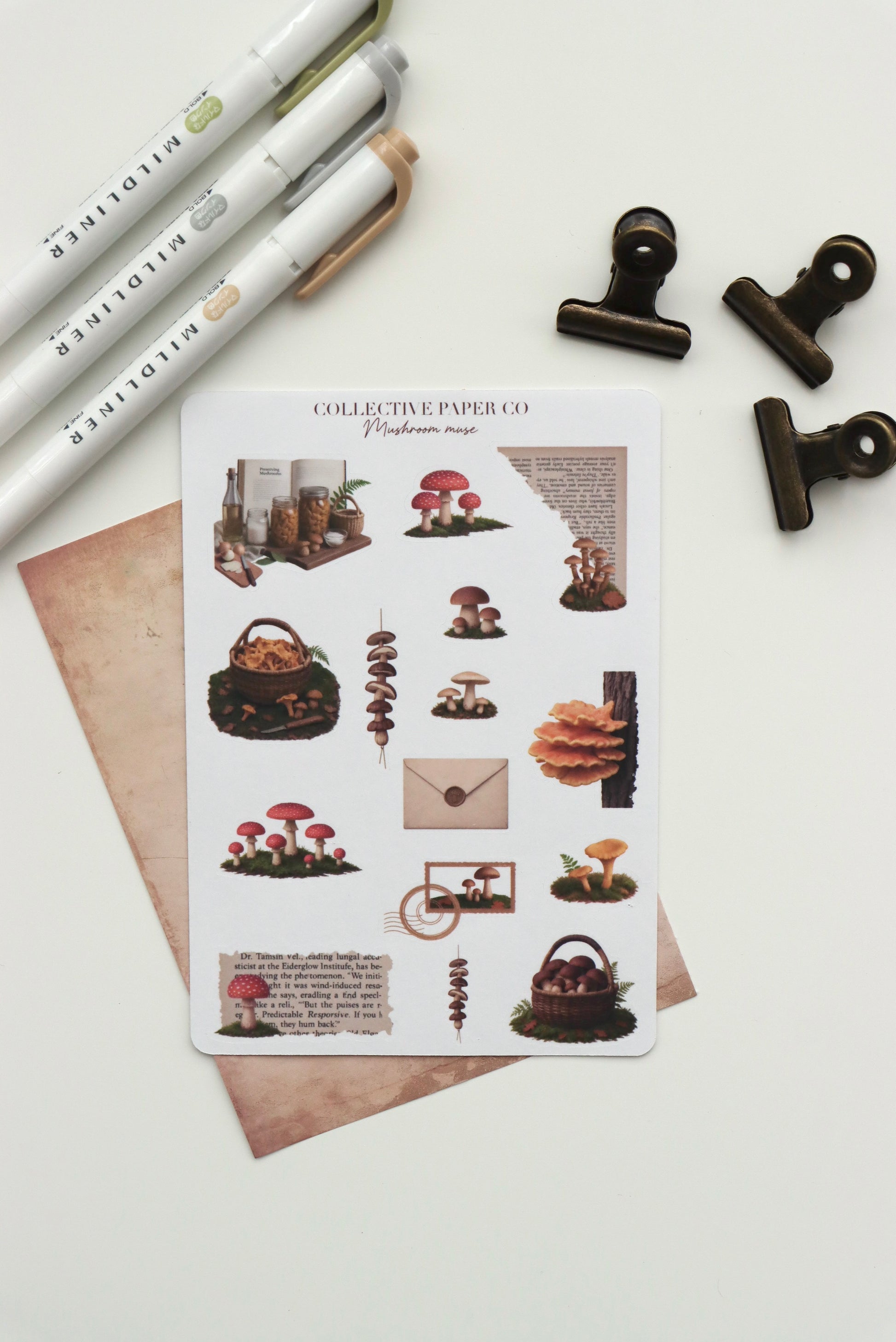 Decorative journaling sheet of kiss-cut vintage and realistic seasonal stickers of Mushroom muse on Japanese washi paper