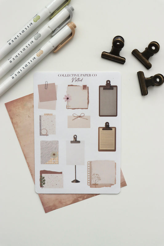 Decorative journaling sheet of kiss-cut vintage and realistic stickers of Noted notes and clipboards on Japanese washi paper