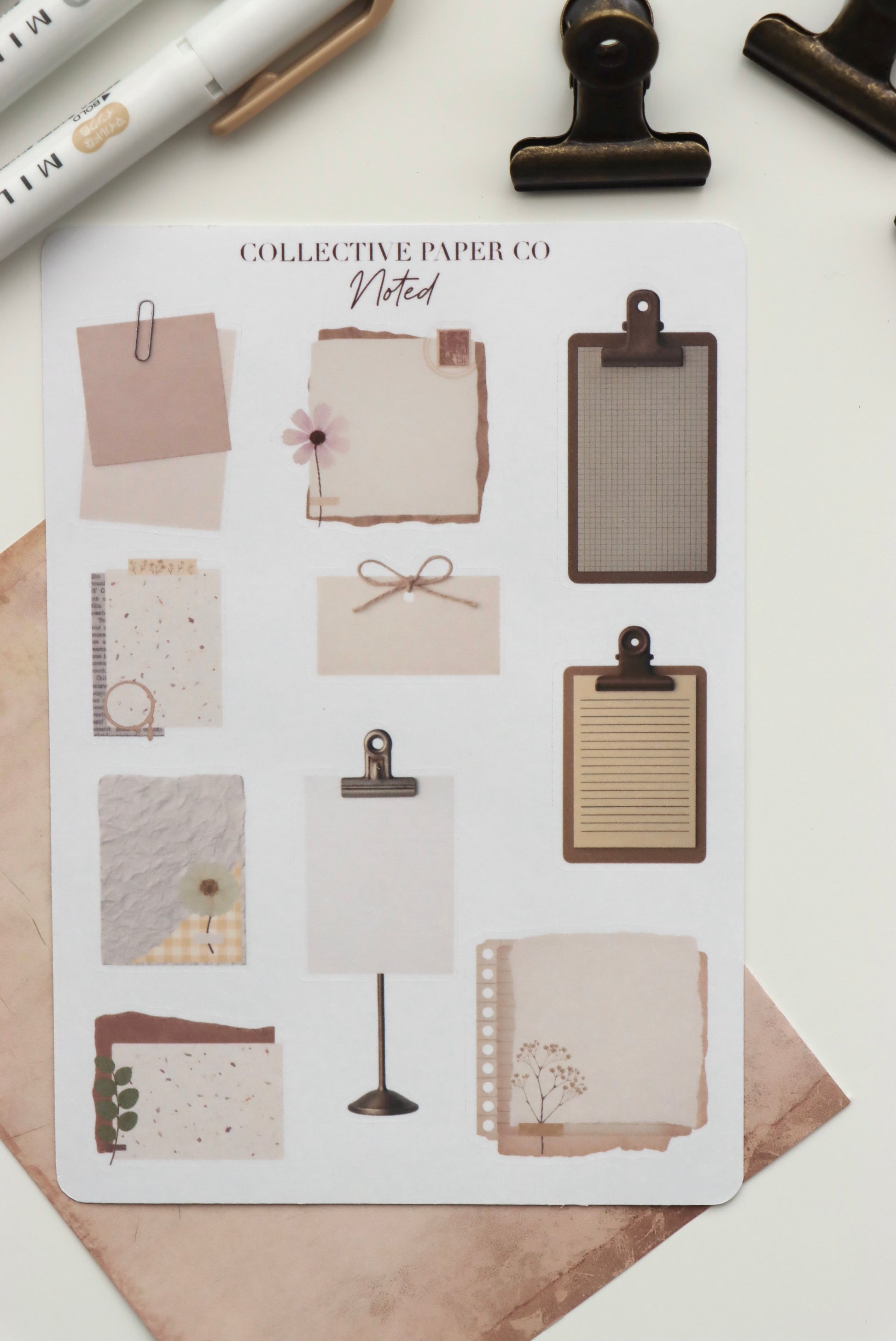 Decorative journaling sheet of kiss-cut vintage and realistic stickers of Noted notes and clipboards on Japanese washi paper
