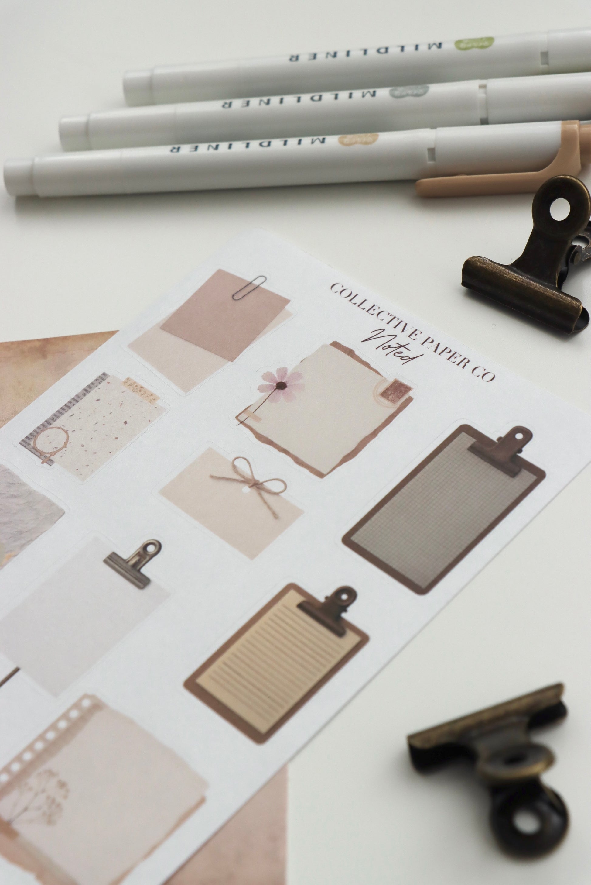 Decorative journaling sheet of kiss-cut vintage and realistic stickers of Noted notes and clipboards on Japanese washi paper