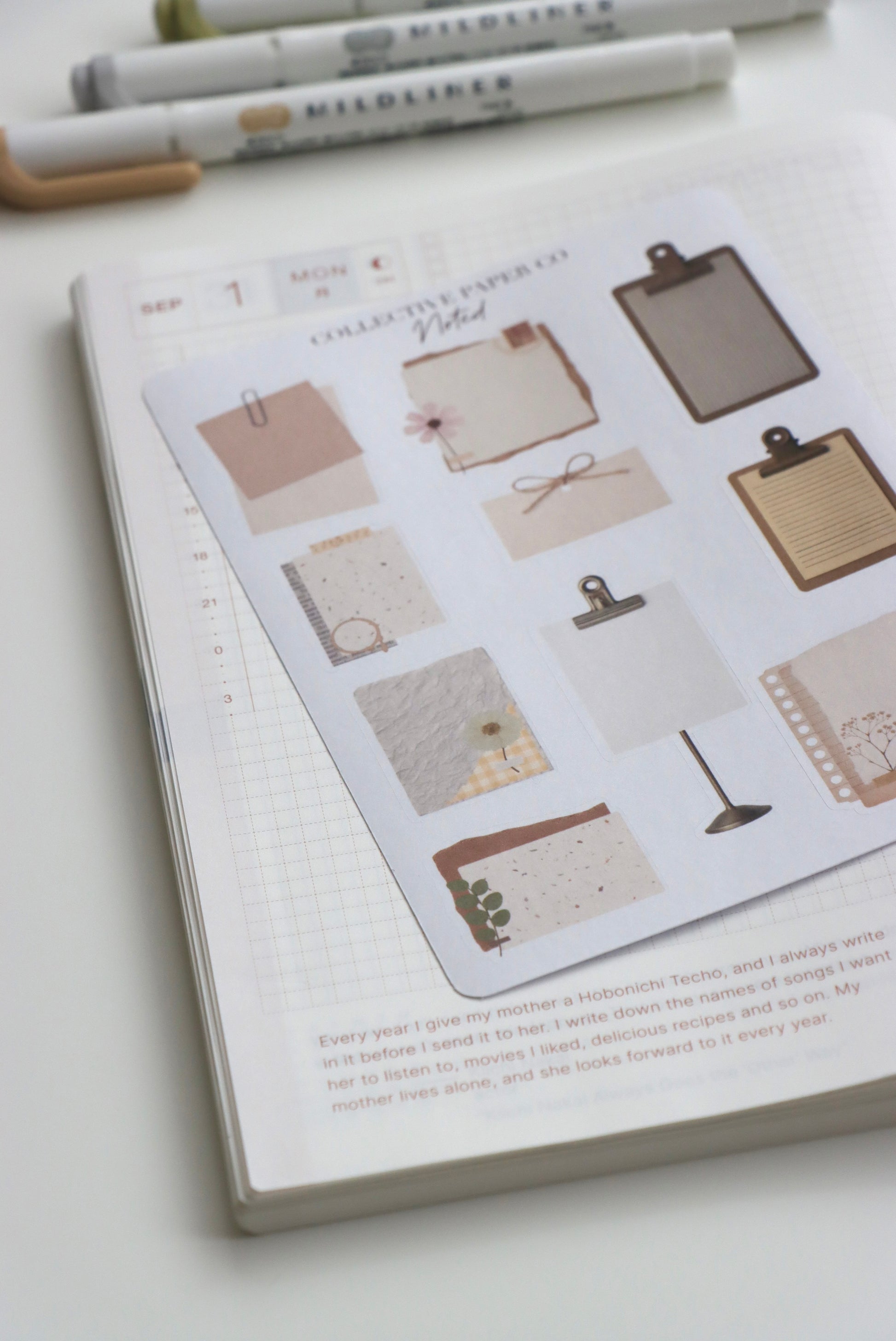 Decorative journaling sheet of kiss-cut vintage and realistic stickers of Noted notes and clipboards on Japanese washi paper