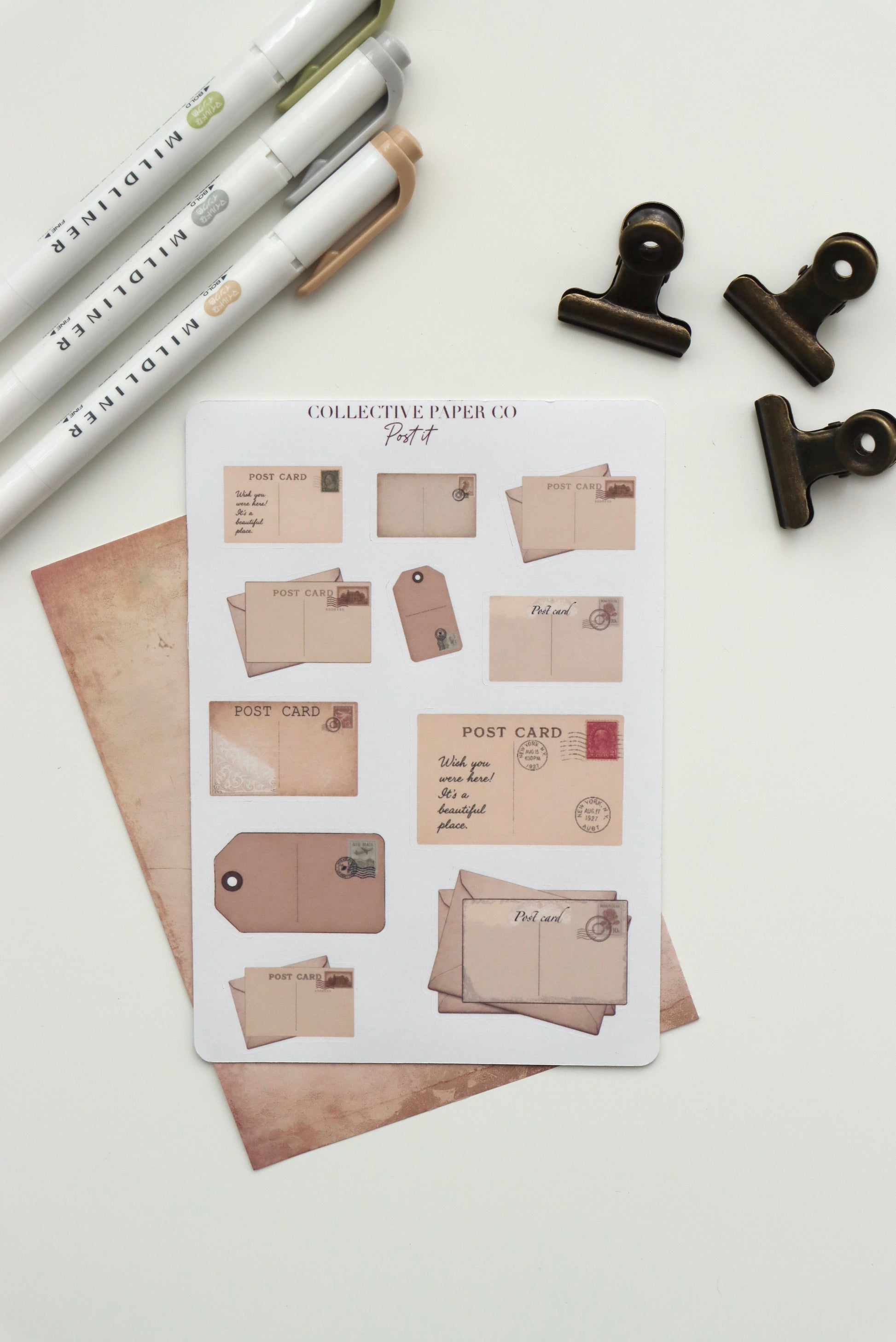 Decorative journaling sheet of kiss-cut vintage and realistic stickers of Post it on post cards, labels and letter envelopes on Japanese washi paper