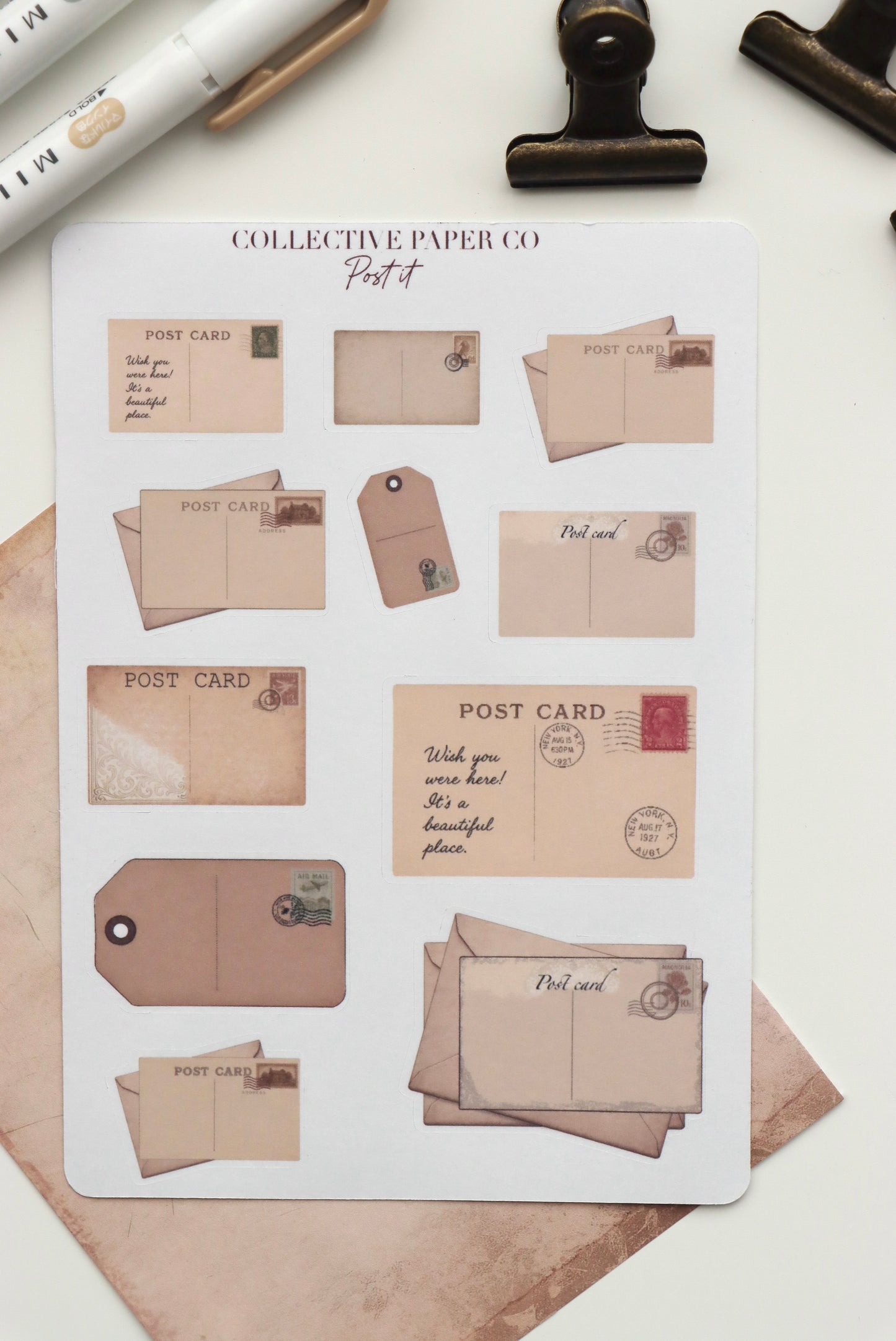 Decorative journaling sheet of kiss-cut vintage and realistic stickers of Post it on post cards, labels and letter envelopes on Japanese washi paper