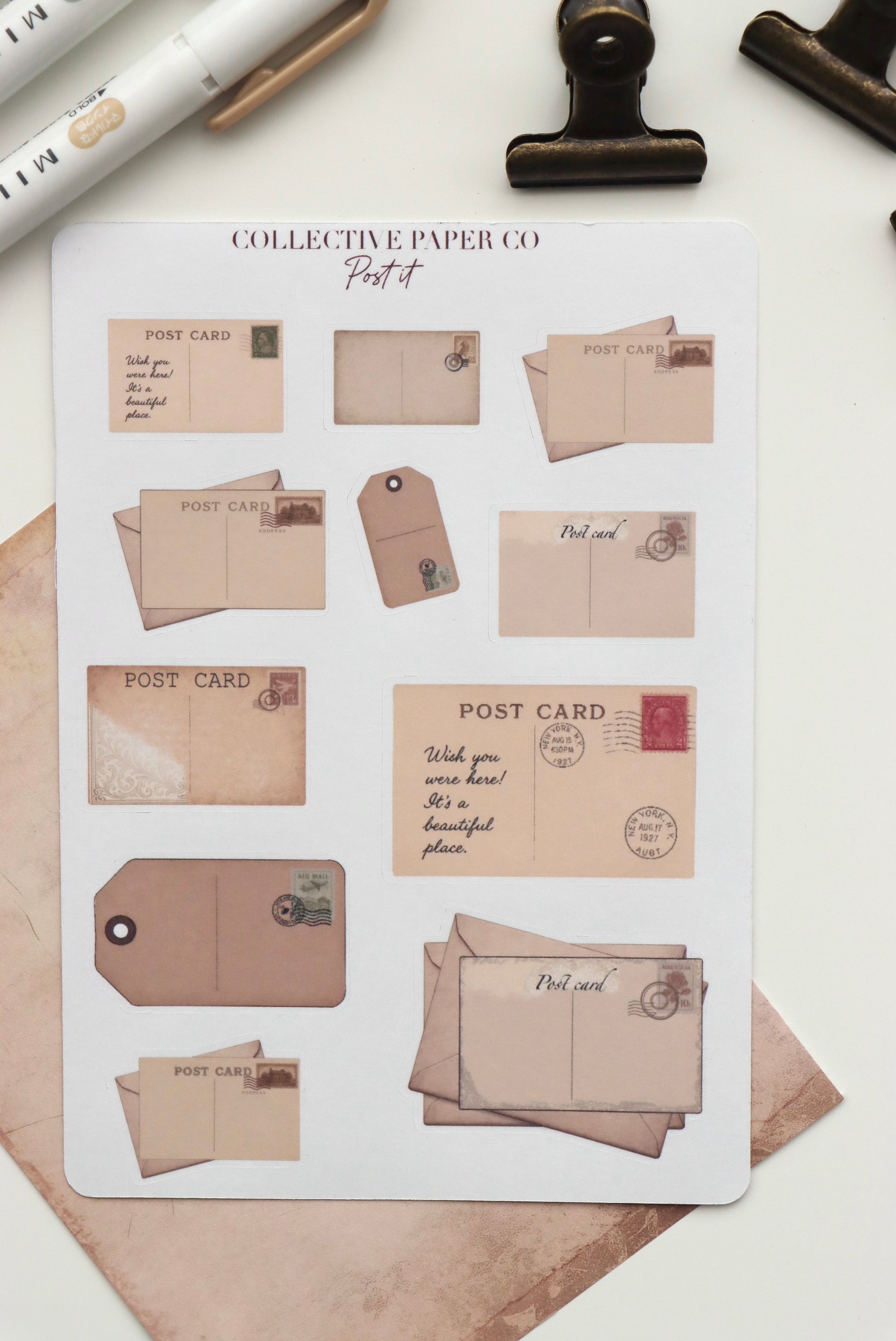 Decorative journaling sheet of kiss-cut vintage and realistic stickers of Post it on post cards, labels and letter envelopes on Japanese washi paper
