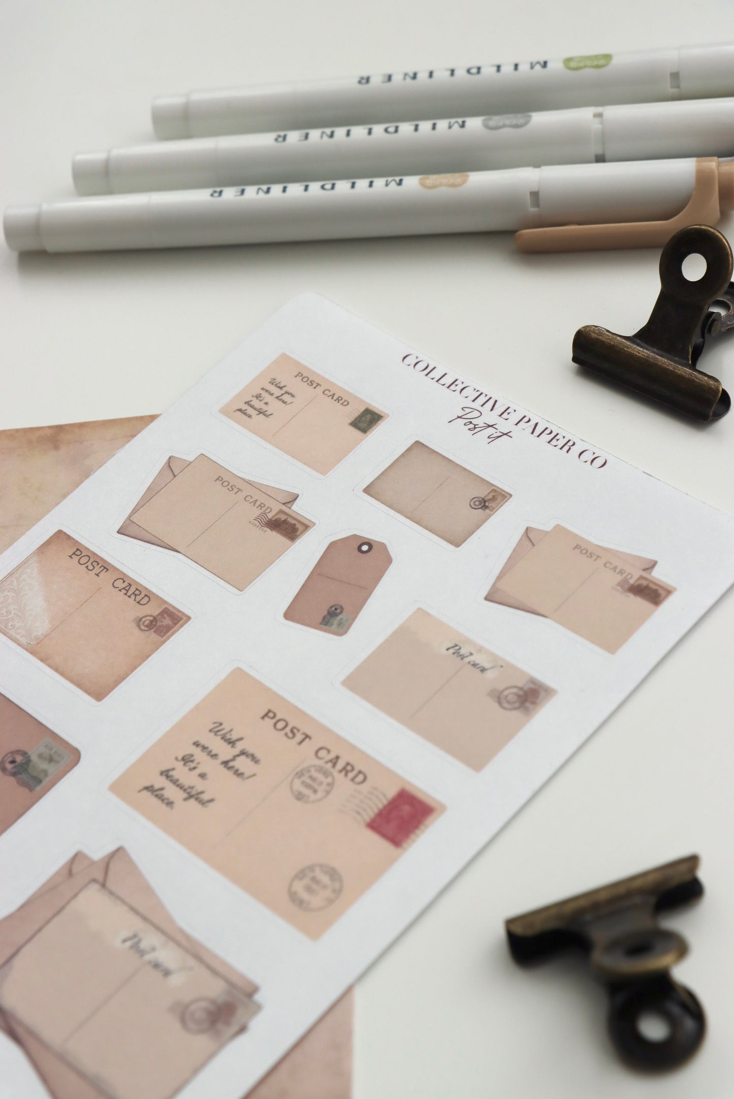 Decorative journaling sheet of kiss-cut vintage and realistic stickers of Post it on post cards, labels and letter envelopes on Japanese washi paper