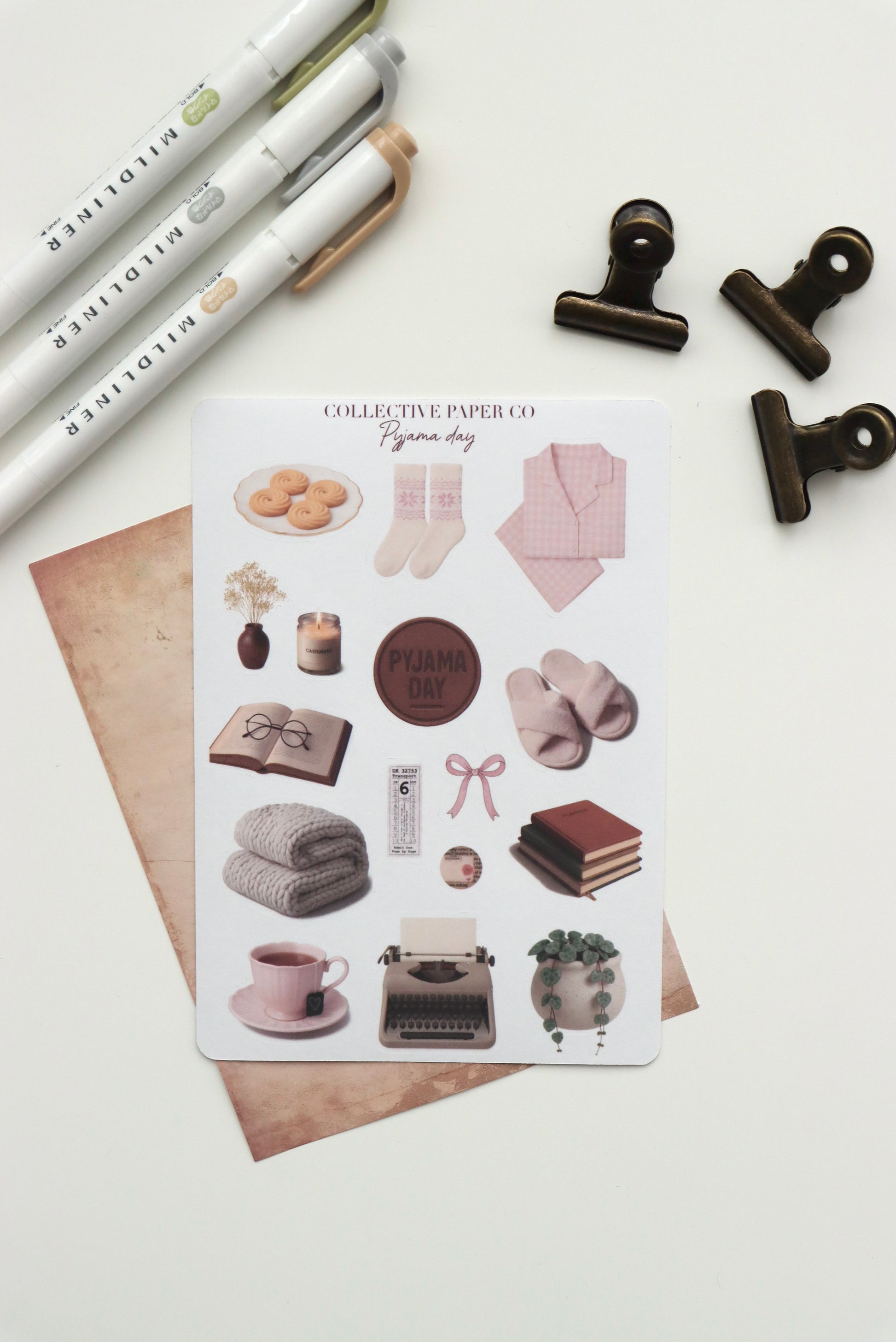 Decorative journaling sheet of kiss-cut vintage and realistic stickers of pyjama pajama day on Japanese washi paper