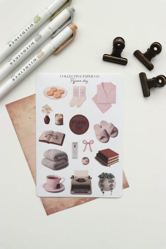 Decorative journaling sheet of kiss-cut vintage and realistic stickers of pyjama pajama day on Japanese washi paper