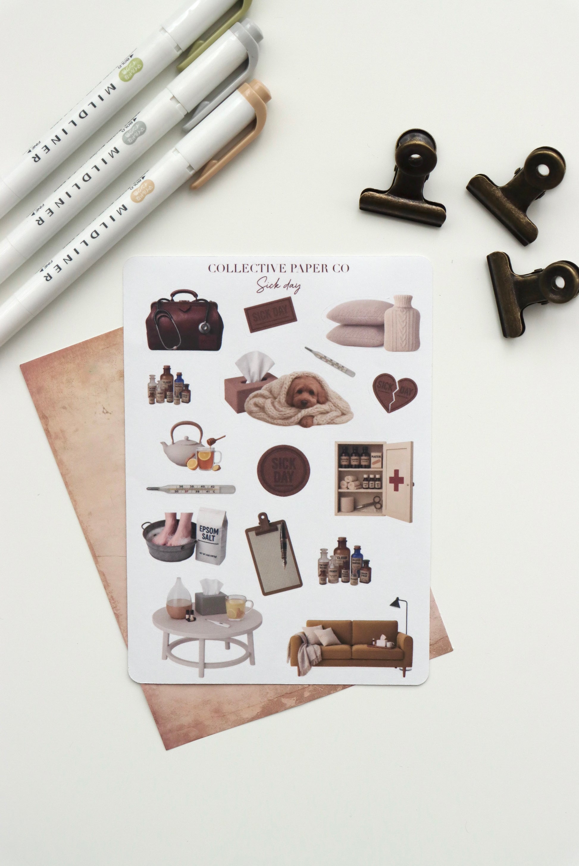 Decorative journaling sheet of kiss-cut vintage and realistic stickers of Sick day on Japanese washi paper