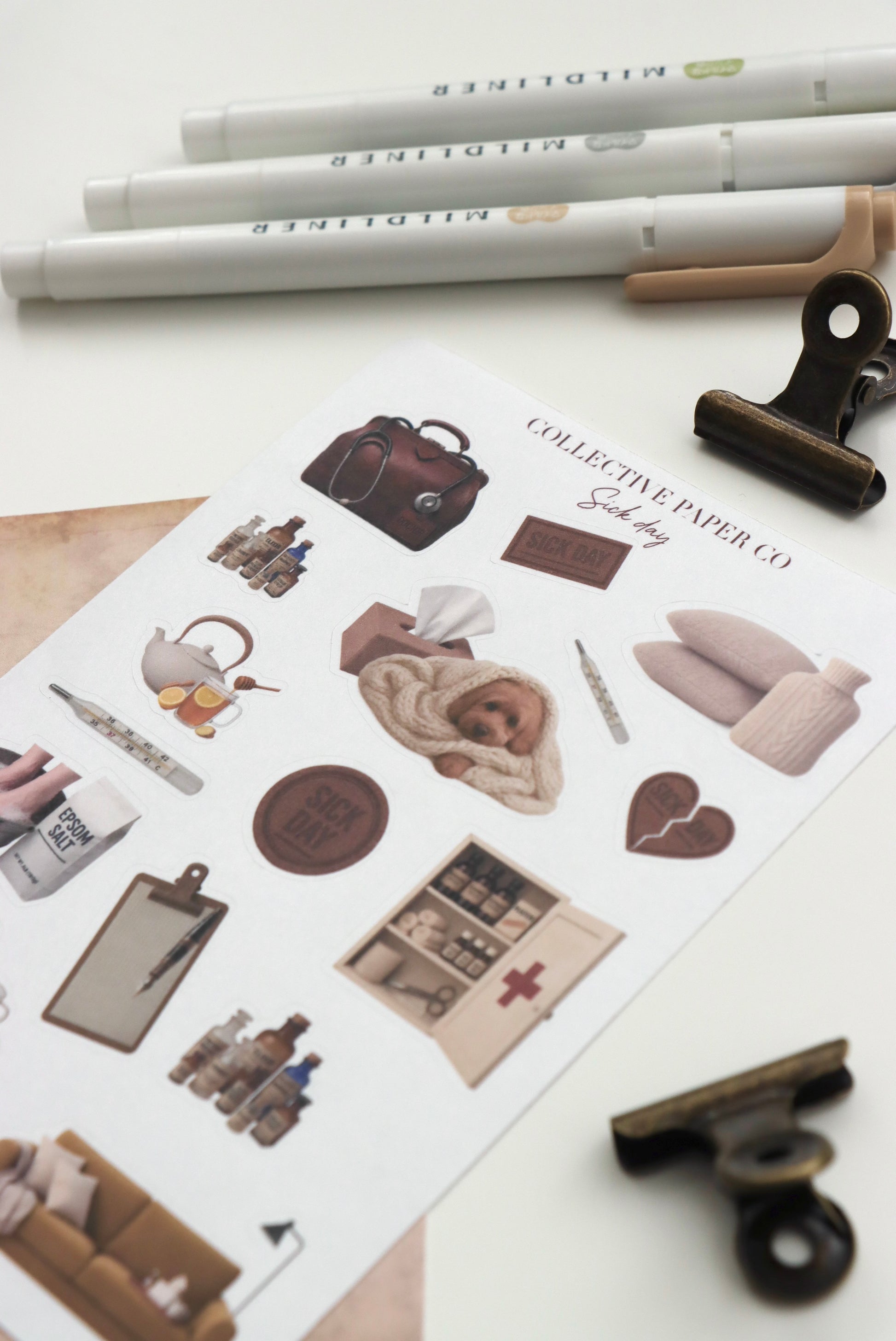 Decorative journaling sheet of kiss-cut vintage and realistic stickers of Sick day on Japanese washi paper