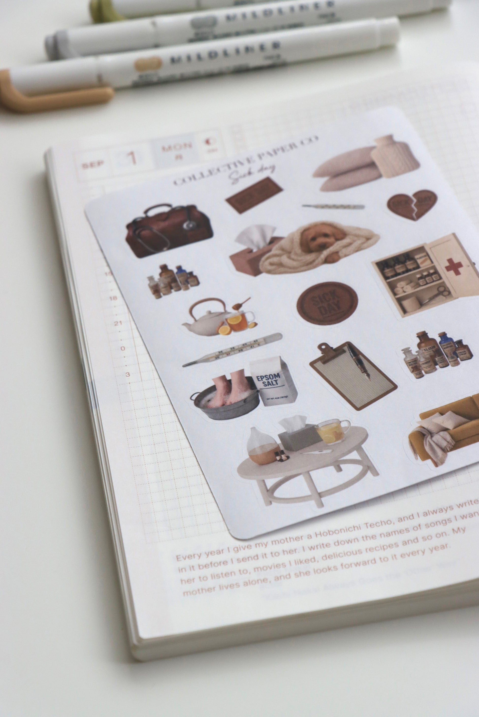 Decorative journaling sheet of kiss-cut vintage and realistic stickers of Sick day on Japanese washi paper