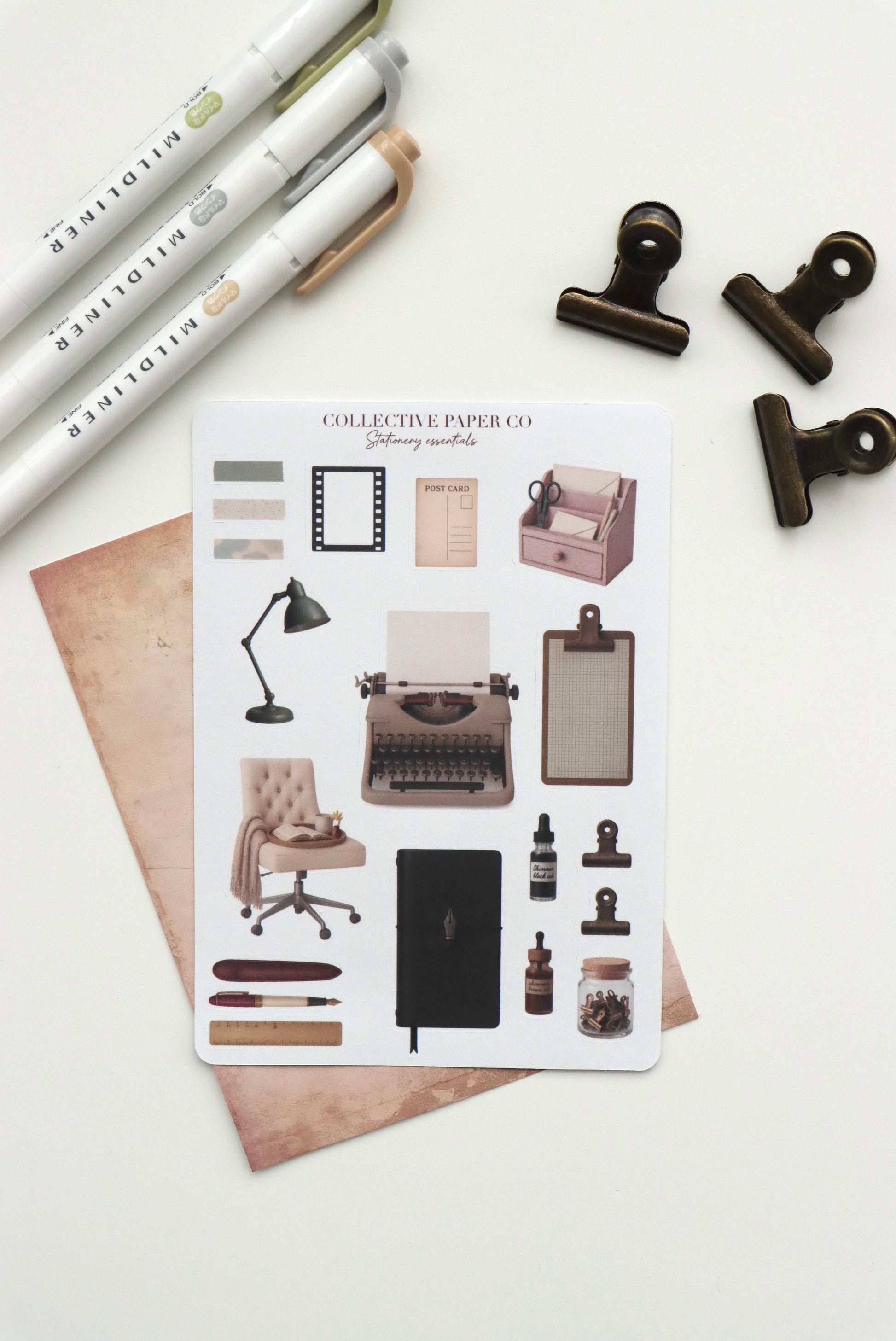 Decorative journaling sheet of kiss-cut vintage and realistic stickers of Stationery essentials on Japanese washi paper