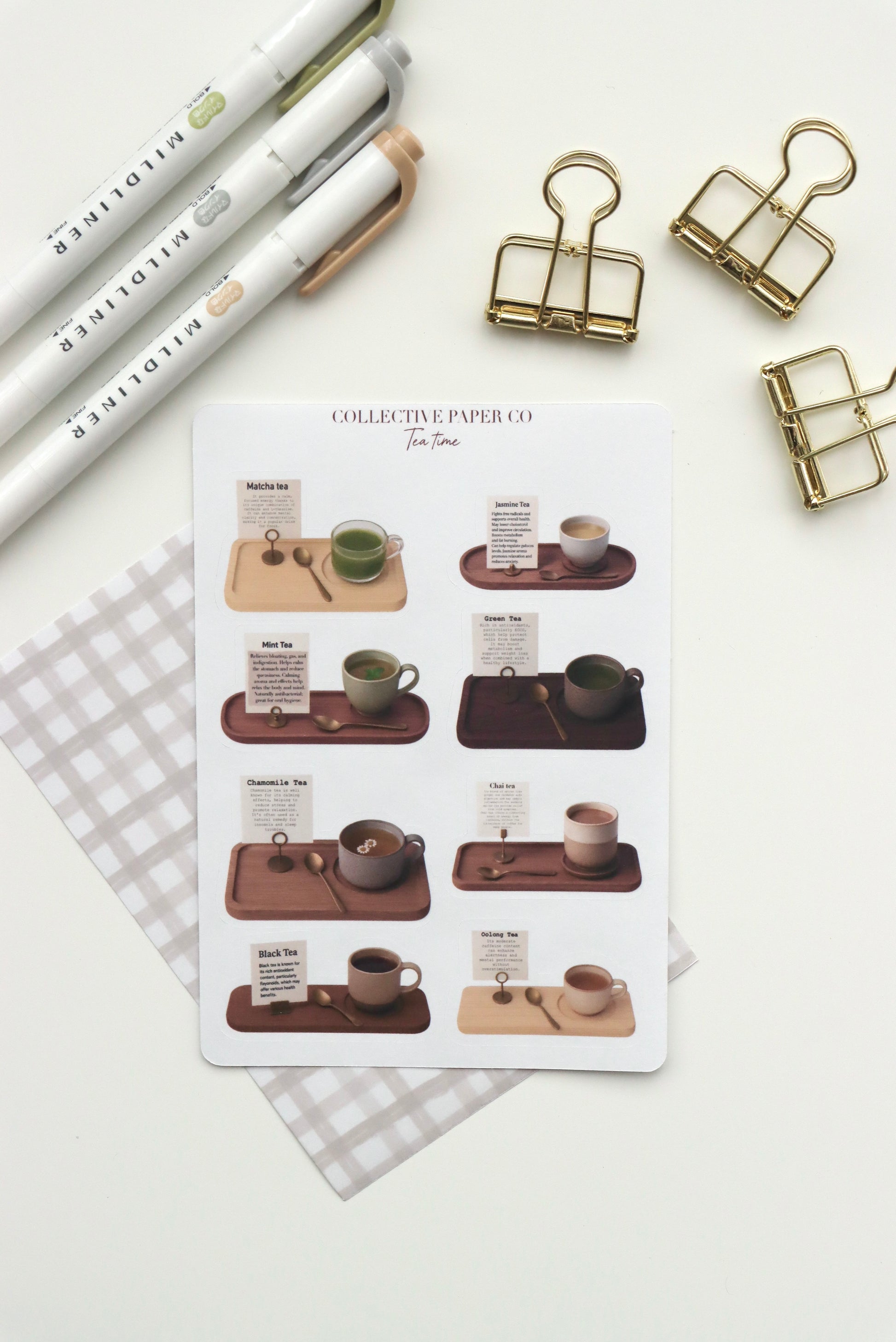 Decorative journaling sheet of kiss-cut vintage and realistic stickers of a selection of tea on Japanese washi paper