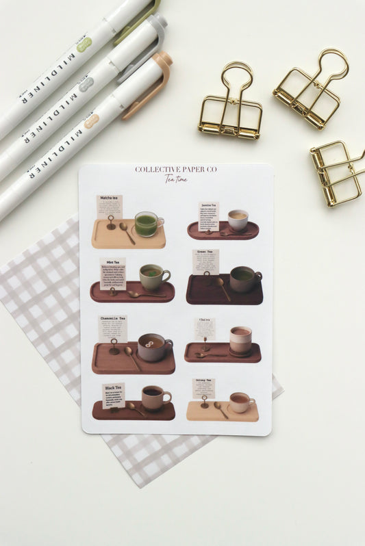 Decorative journaling sheet of kiss-cut vintage and realistic stickers of a selection of tea on Japanese washi paper