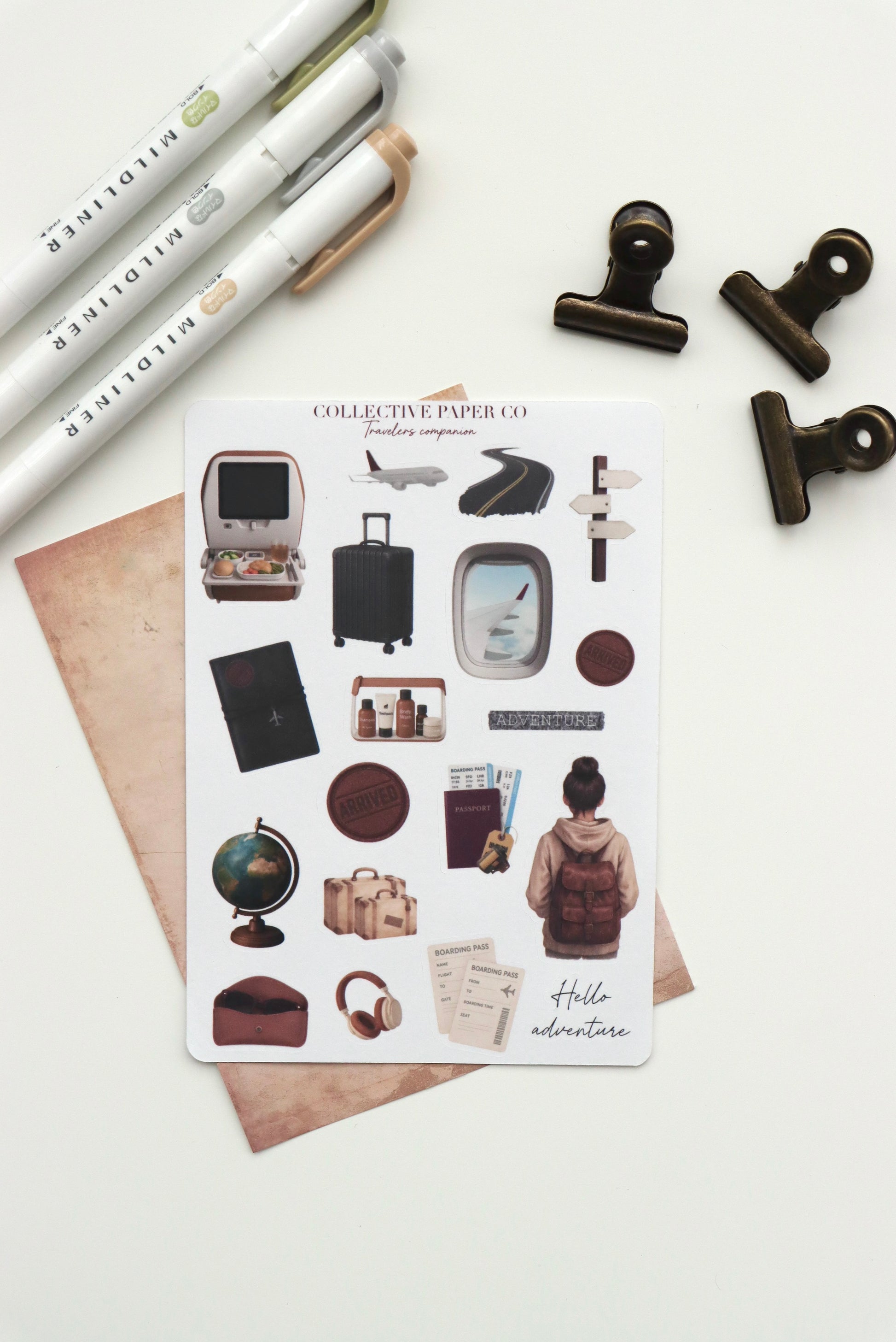 Decorative journaling sheet of kiss-cut vintage and realistic stickers of Traveler's companion on Japanese washi paper